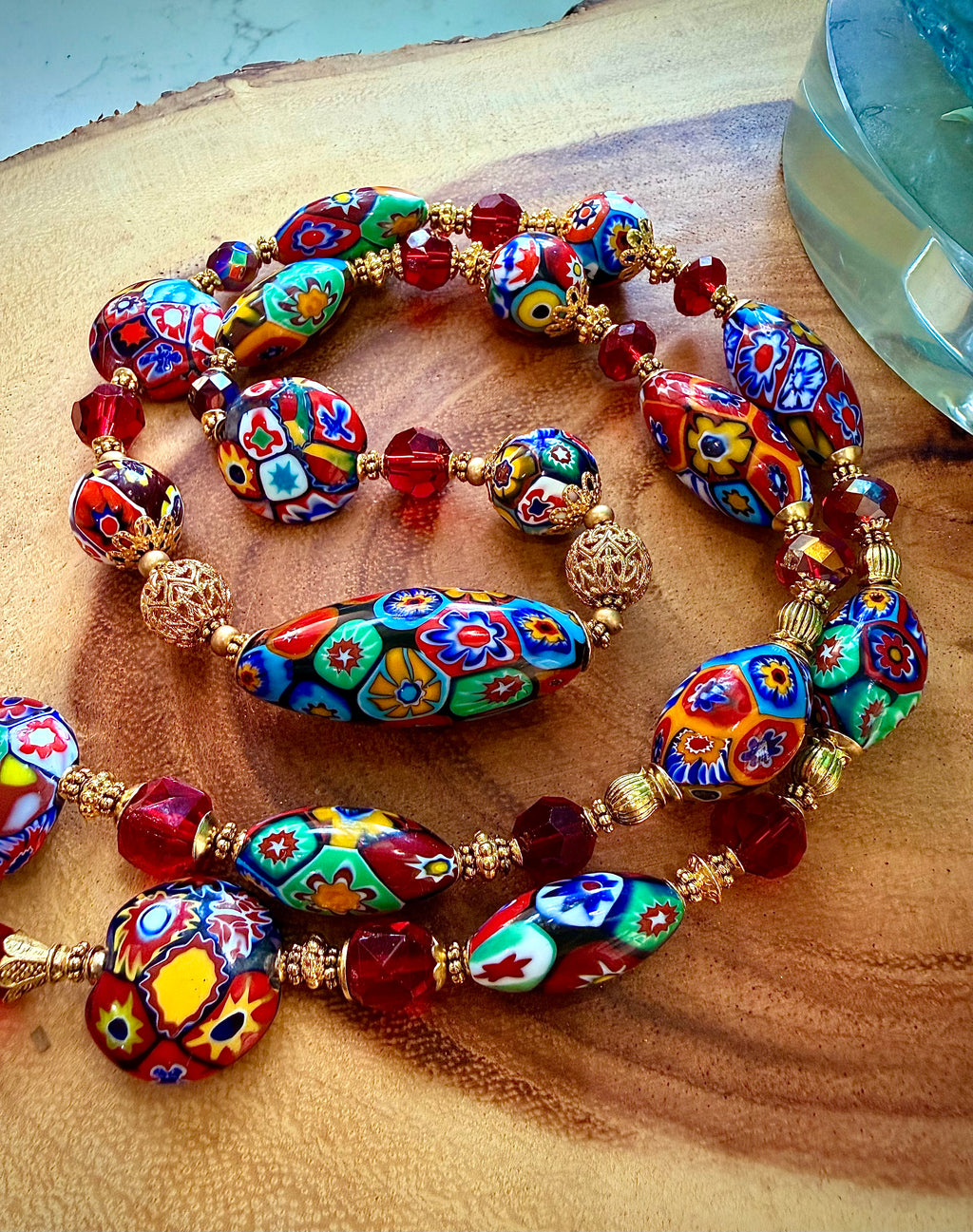 Rosario Leonardi Red Patterned Murano Millefiori Ercole Moretti Beaded Necklace-Choose your lenghti