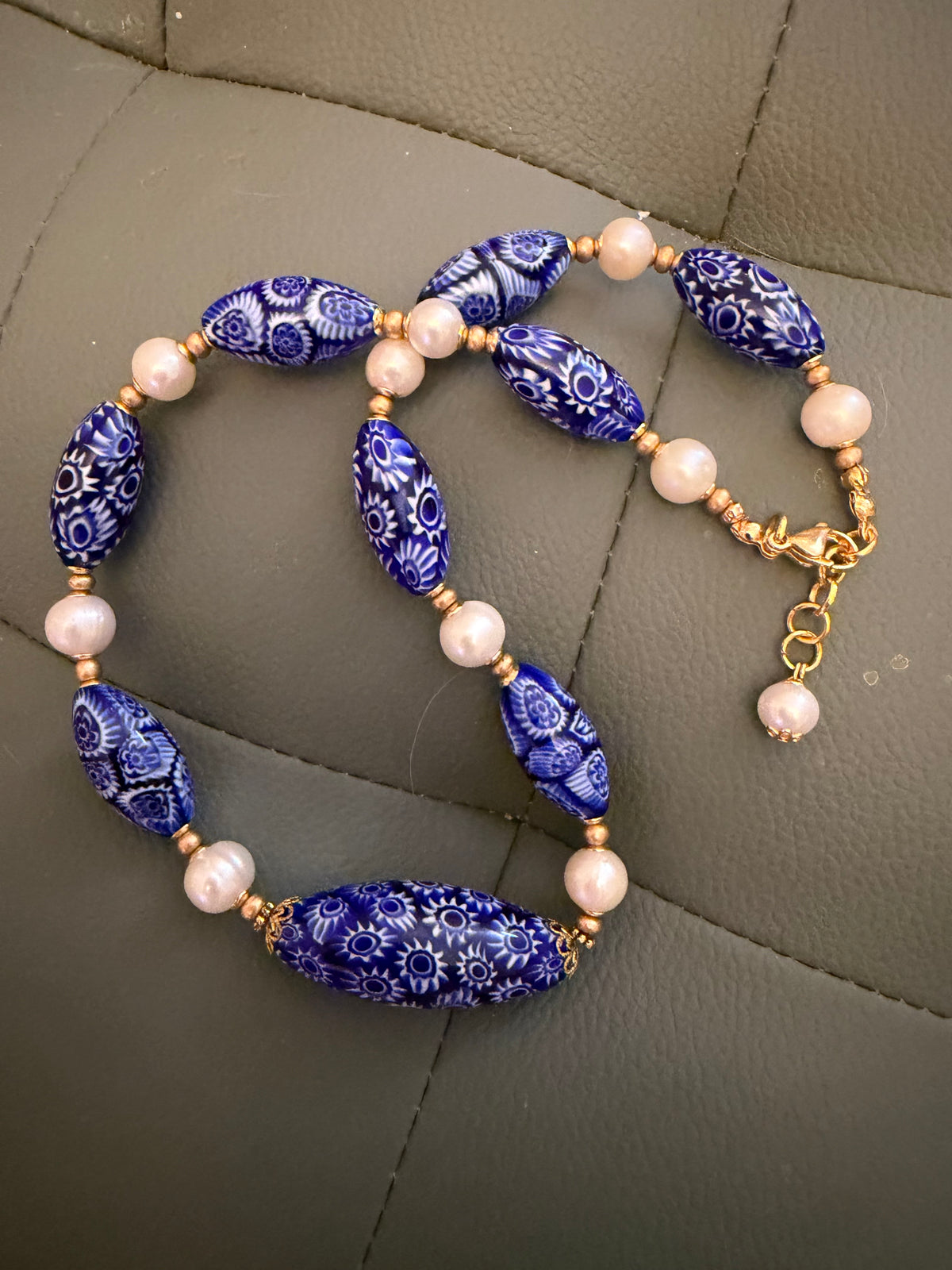 Rosario Leonardi Cobalt Blue Neckalce Featuring Handmade Murano Millefiori Torpedo Glass Beads