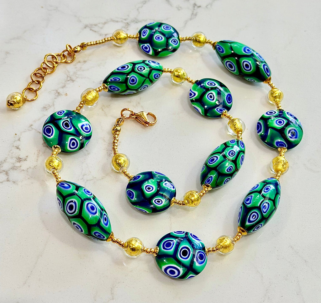 Rosario Leonardi “Green & Gold Goddess” Necklace Featuring EXCLUSIVE Ercole Moretti Beads