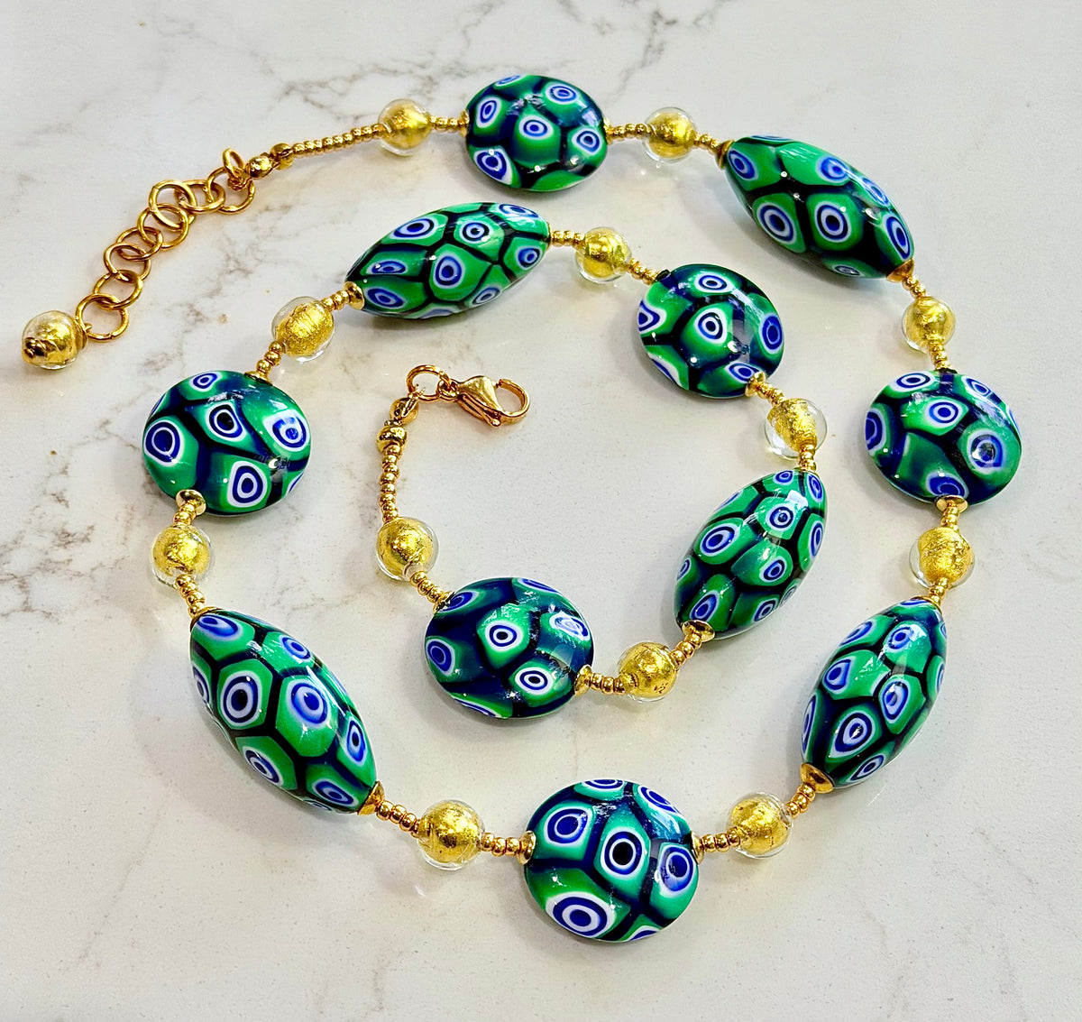 Rosario Leonardi “Green & Gold Goddess” Necklace Featuring EXCLUSIVE Ercole Moretti Beads