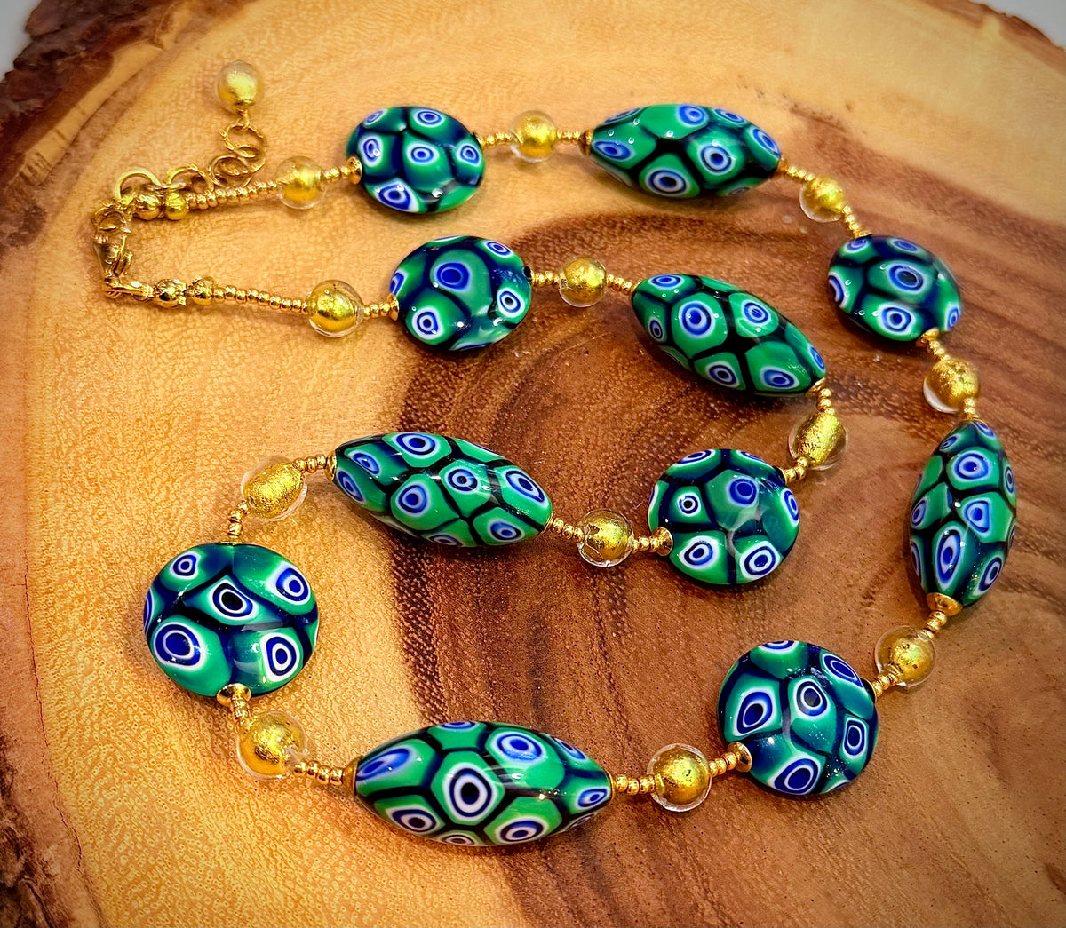 Rosario Leonardi “Green & Gold Goddess” Necklace Featuring EXCLUSIVE Ercole Moretti Beads