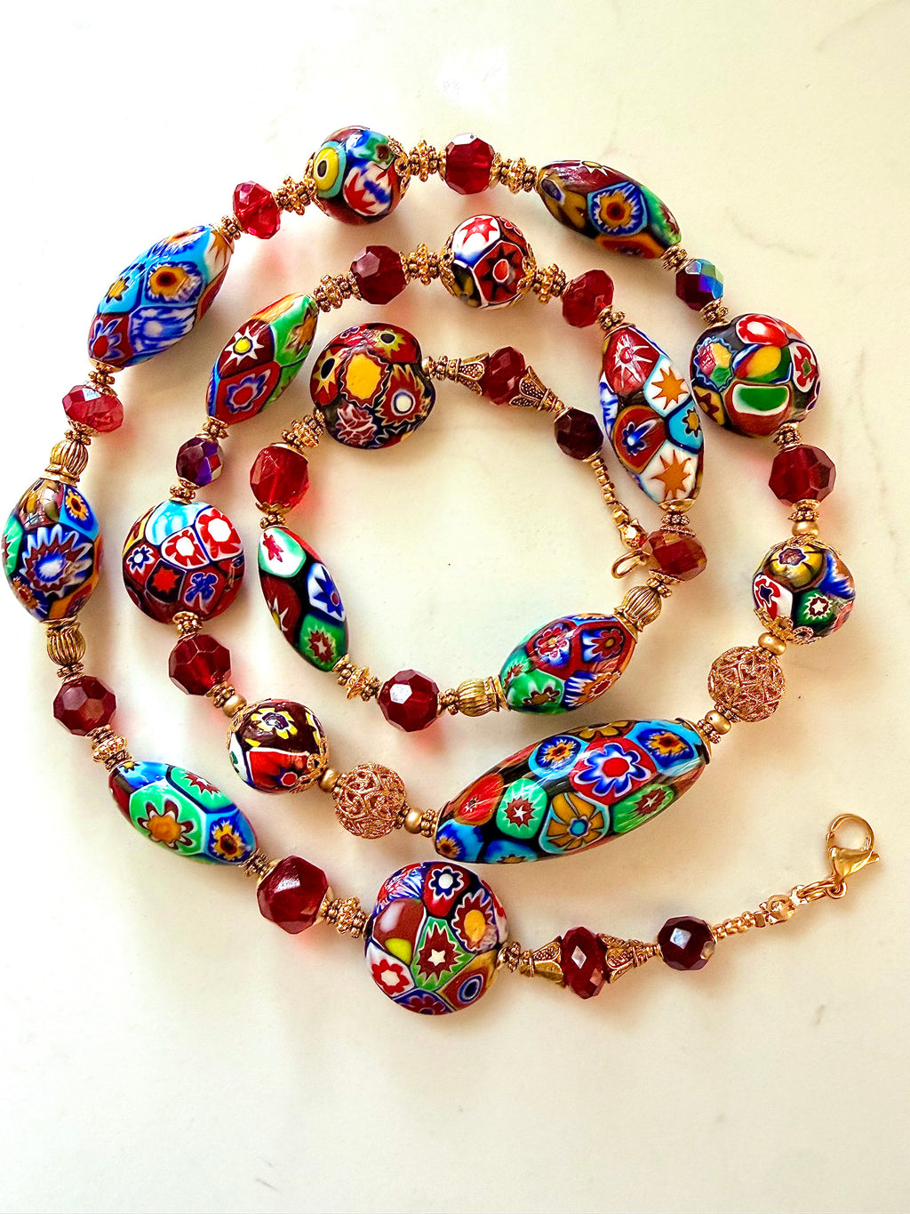 Rosario Leonardi Red Patterned Murano Millefiori Ercole Moretti Beaded Necklace-Choose your lenghti