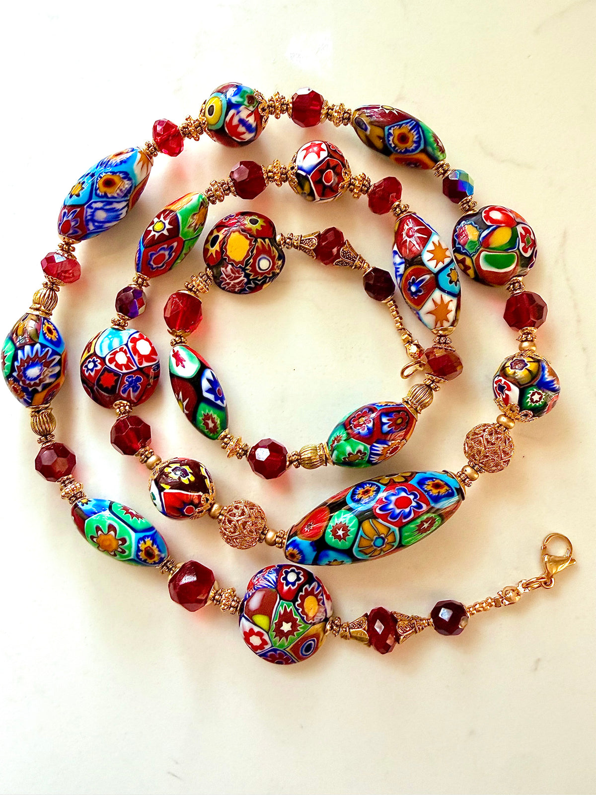 Rosario Leonardi Red Patterned Murano Millefiori Ercole Moretti Beaded Necklace-Choose your lenghti