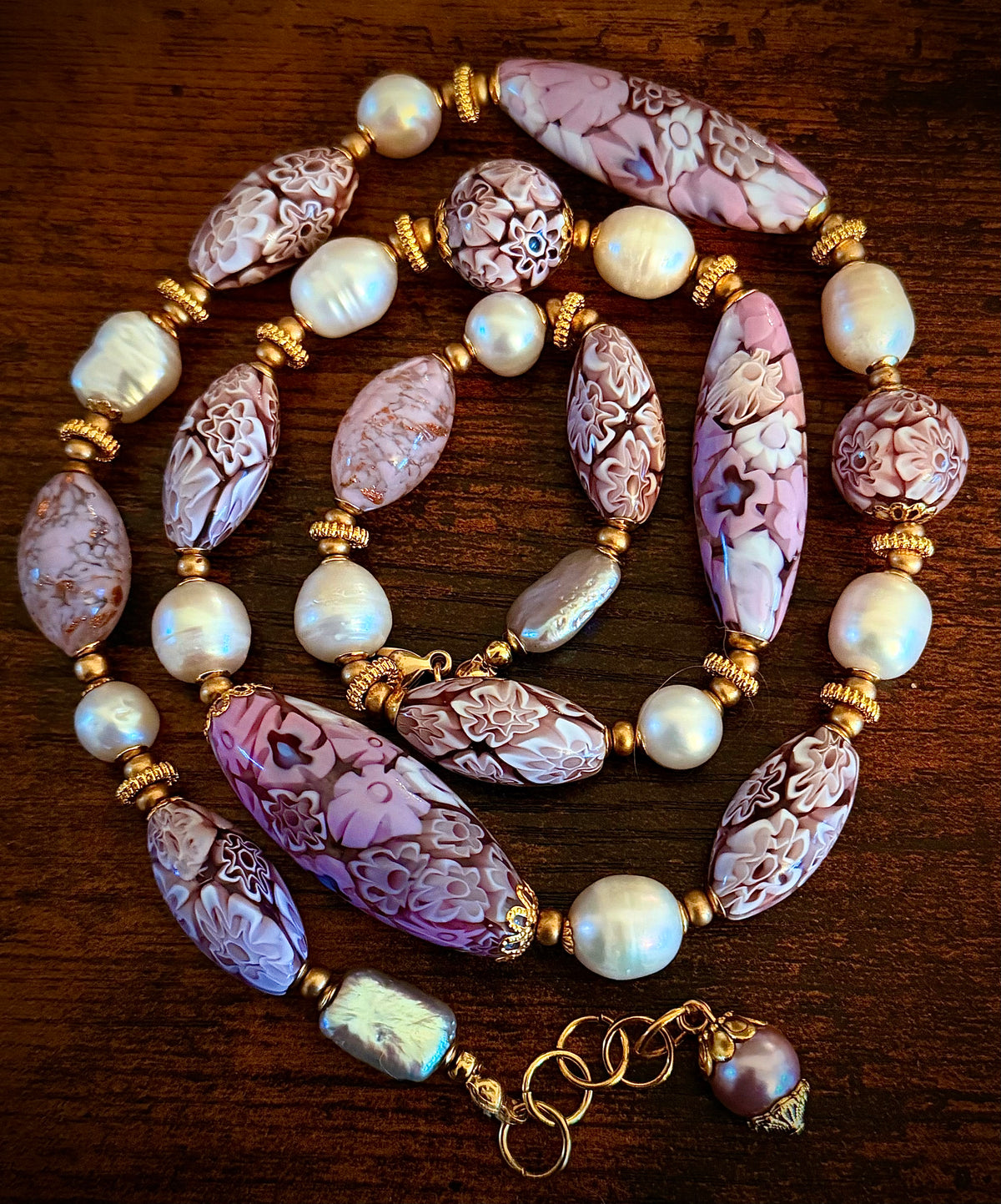 26”Rosario Leonardi Pale Pink Neckalce Featuring Exclusive Murano Millefiori Glass Beads
