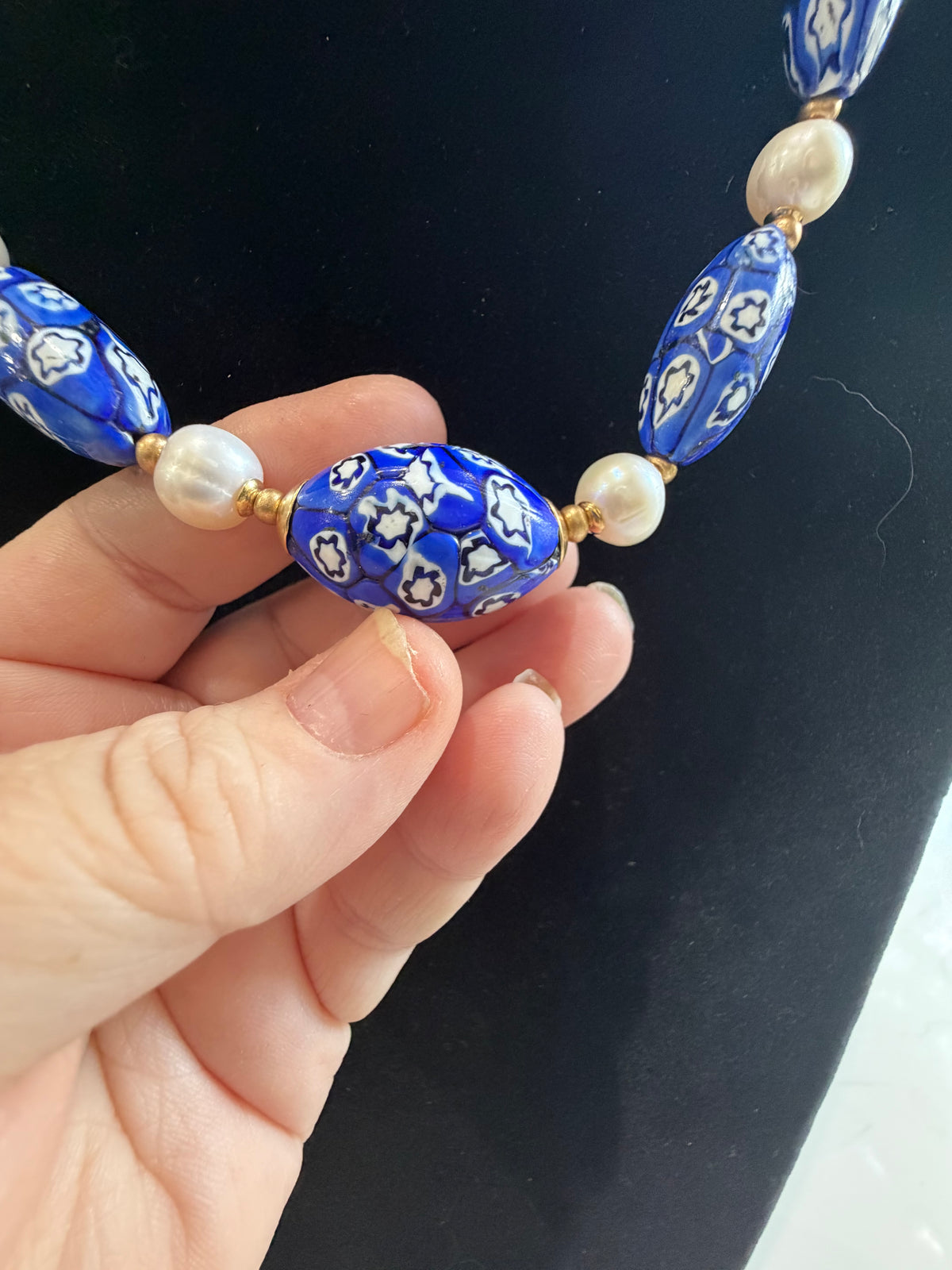 One Of A Kind 22”Blue & White Murano Glass Beads Paired with Fine White Freshwater Pears