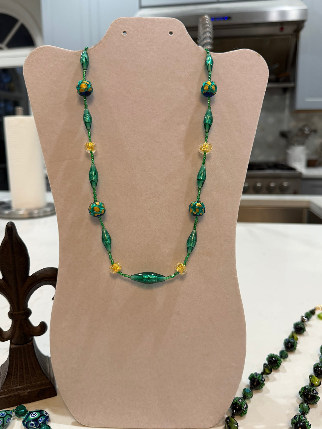Rosario Leonardi “Boy That’s Green & Gold!” Murano Lampwork & Czech Glass Necklace, One of a Kind.