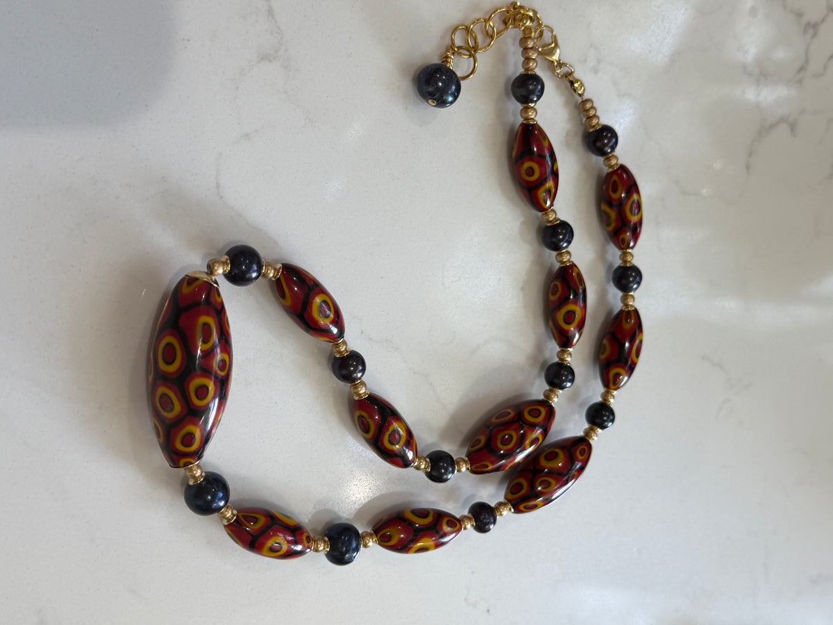 Rosario Leonardi Dramatic Red & Black Themed 22” Necklace Featuring 11mm Black Freshwater Pearls