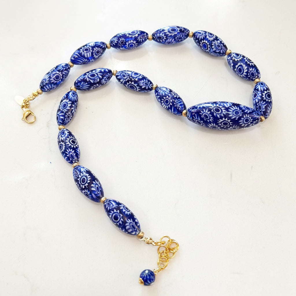 Rosario Leonardi Cobalt Blue Neckalce Featuring Handmade Murano Millefiori Torpedo Glass Beads