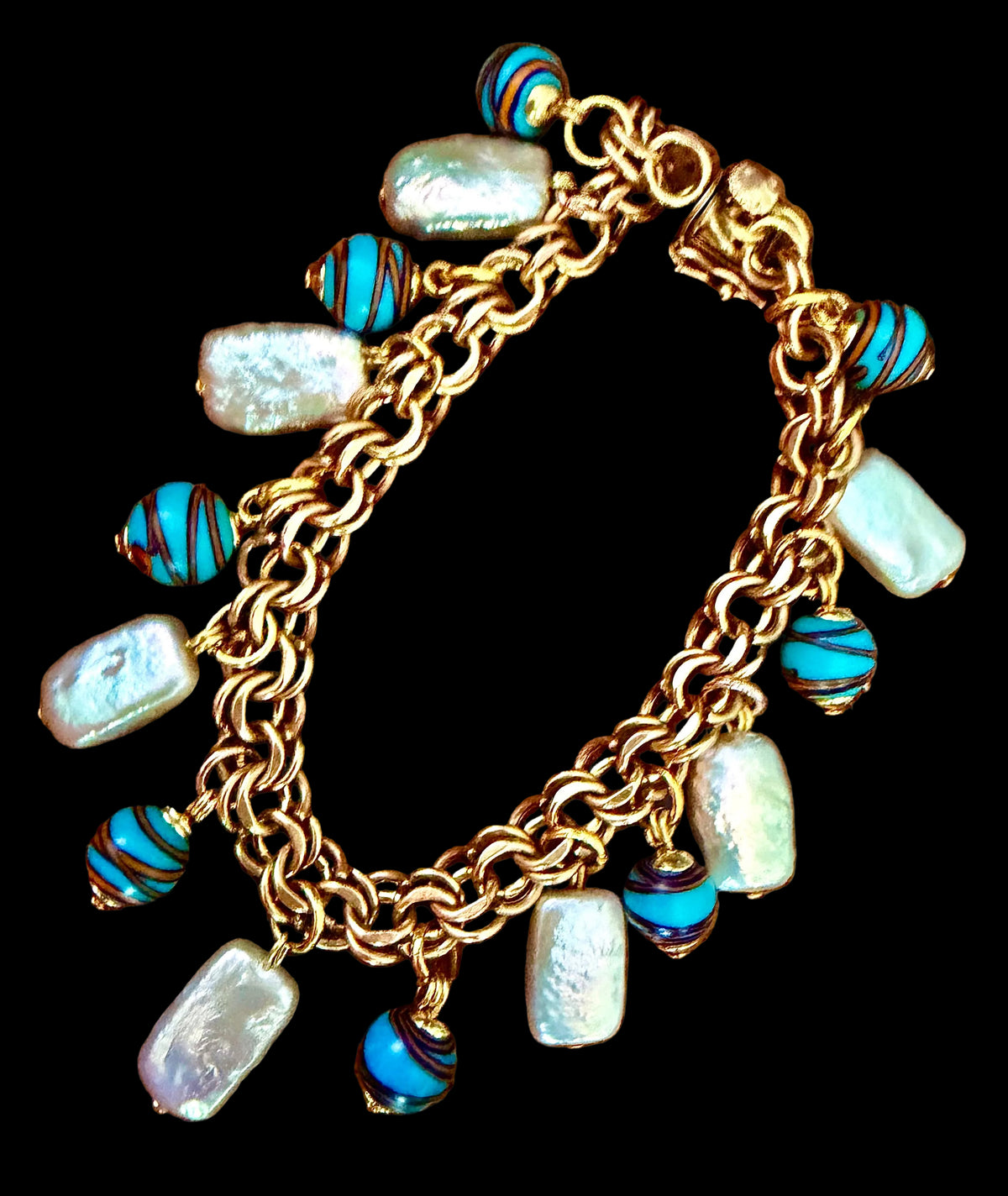 One of a kind 12k GF 1950’s Charm Bracelet Adorned With Rectangular White Freshwater Pearls & Ercole Moretti Aqua Ribbon Beads