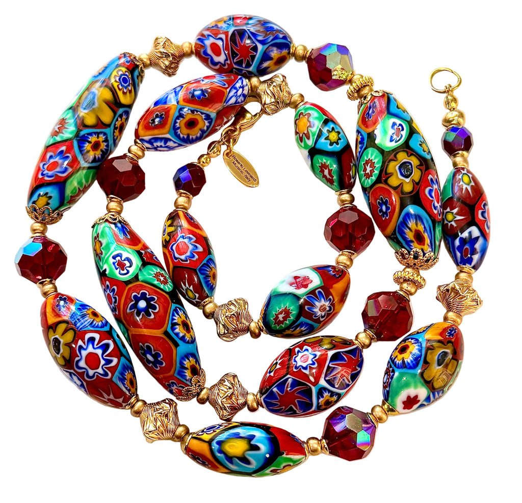 Rosario Leonardi Red Themed Necklace Featuring 12k GF Lantern Beads, Red A/B Vintage Swarovski Crystals & Exclusive Custom Beads Made just for our shop