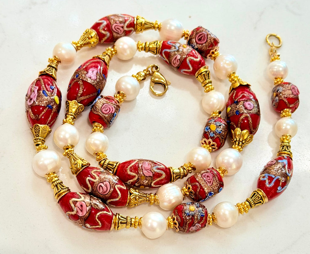Rosario Leonardi Vintage Red Venetian Wedding Cake & White Freshwater Pearl Beaded Necklace