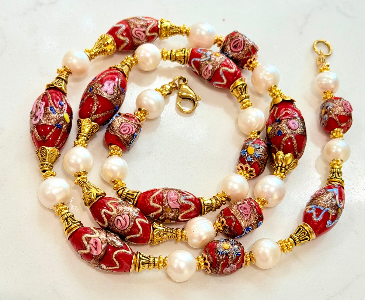 Rosario Leonardi Vintage Red Venetian Wedding Cake & White Freshwater Pearl Beaded Necklace