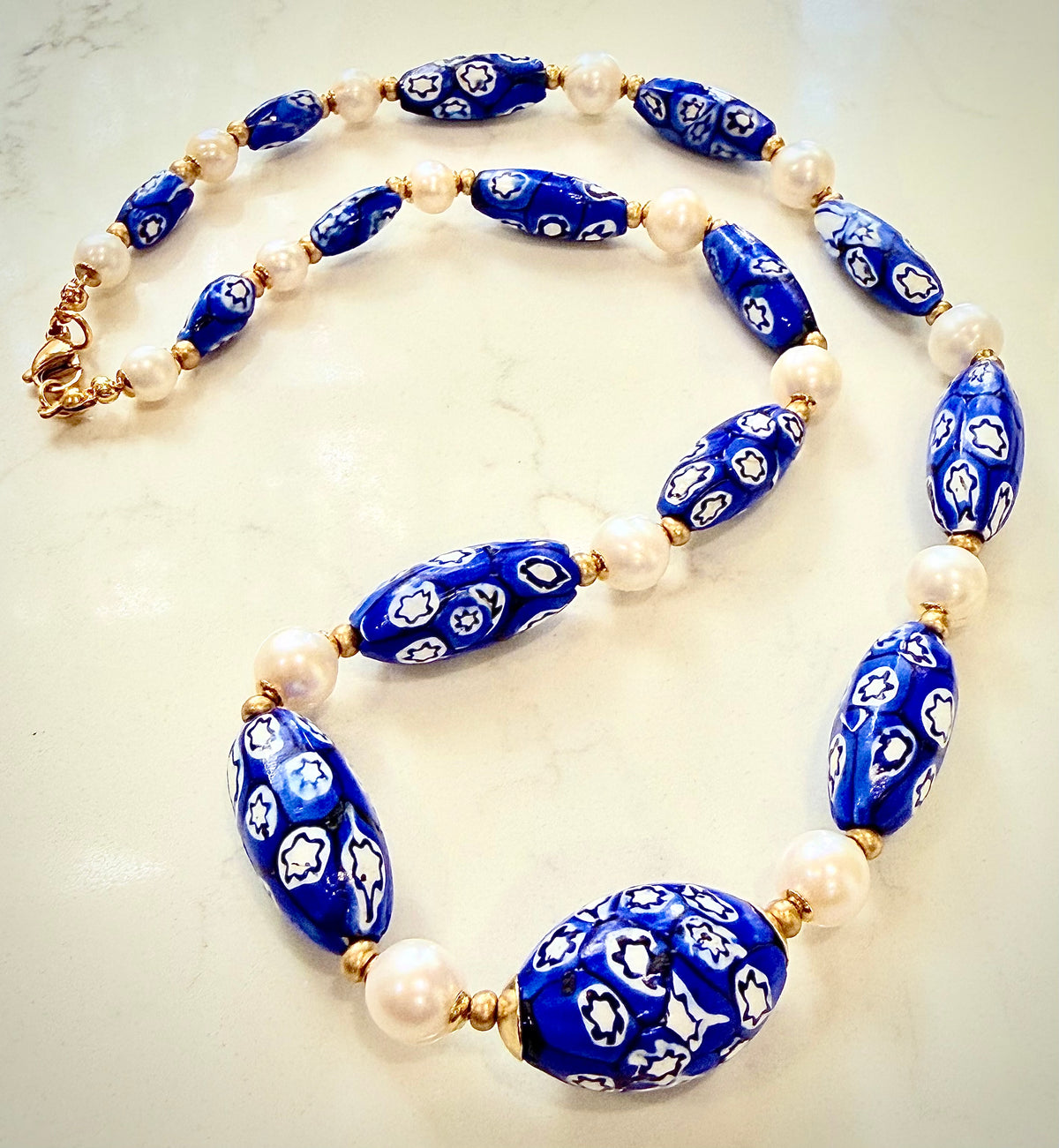 One Of A Kind 22”Blue & White Murano Glass Beads Paired with Fine White Freshwater Pears
