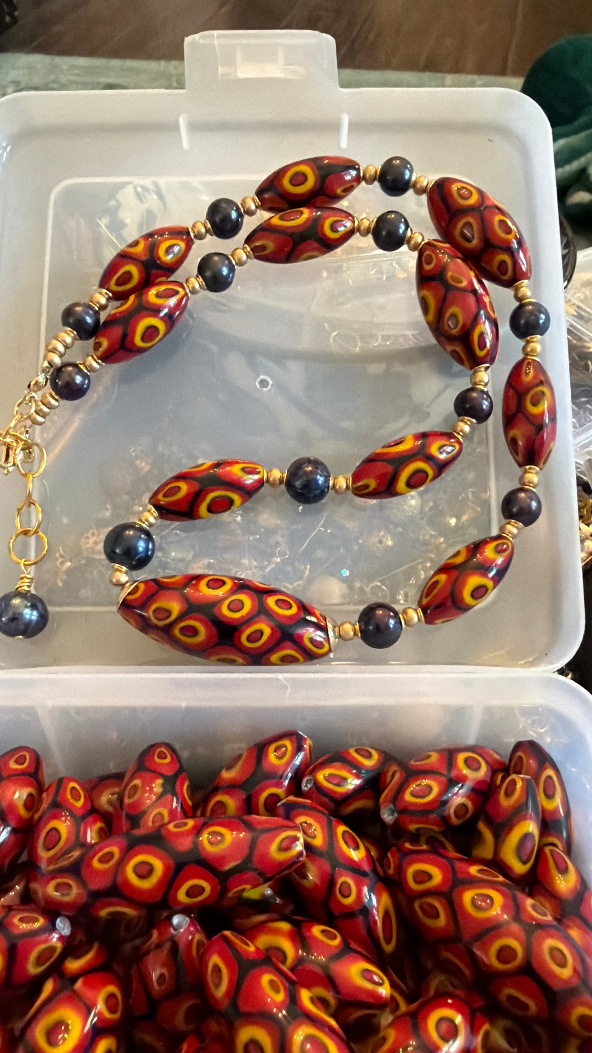 Rosario Leonardi Dramatic Red & Black Themed 22” Necklace Featuring 11mm Black Freshwater Pearls