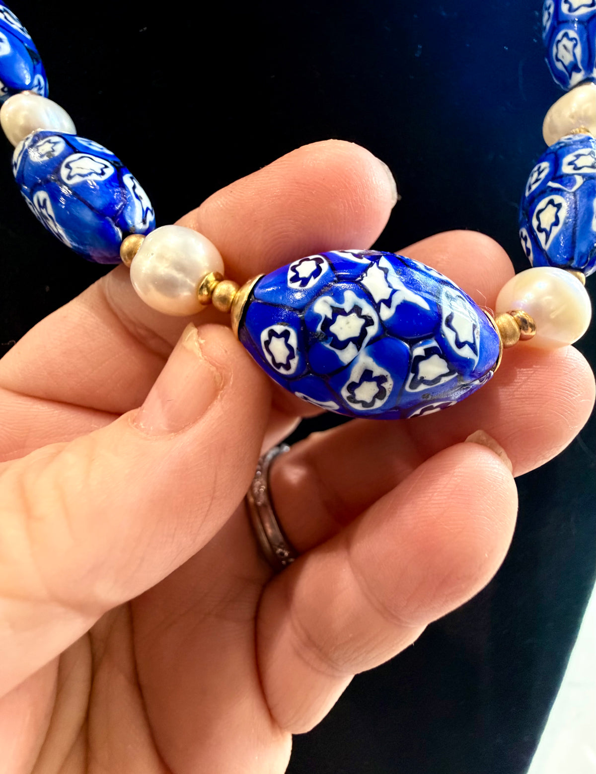 One Of A Kind 22”Blue & White Murano Glass Beads Paired with Fine White Freshwater Pears