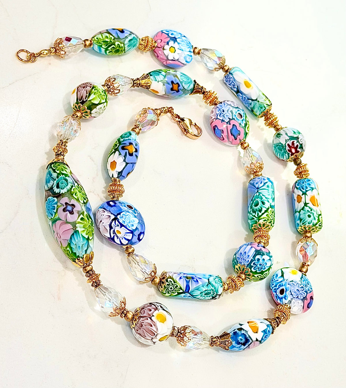 Pastel Lace Matched Millefiori Murano Glass Necklace Featuring Moretti Beads