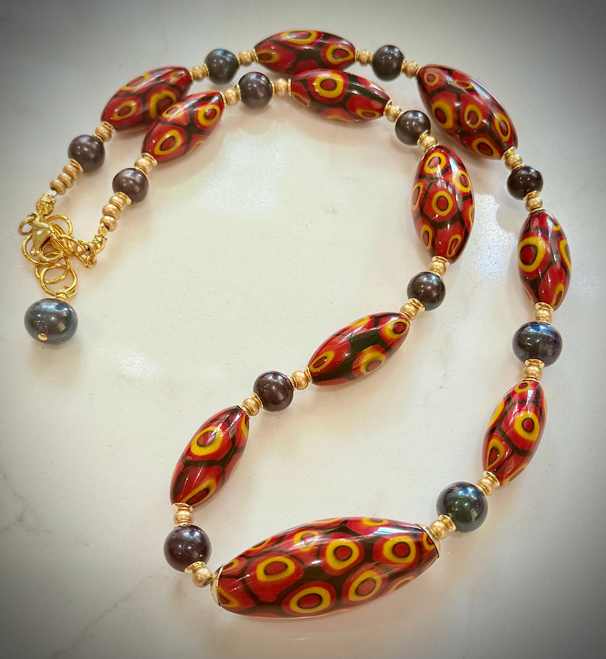 Rosario Leonardi Dramatic Red & Black Themed 22” Necklace Featuring 11mm Black Freshwater Pearls