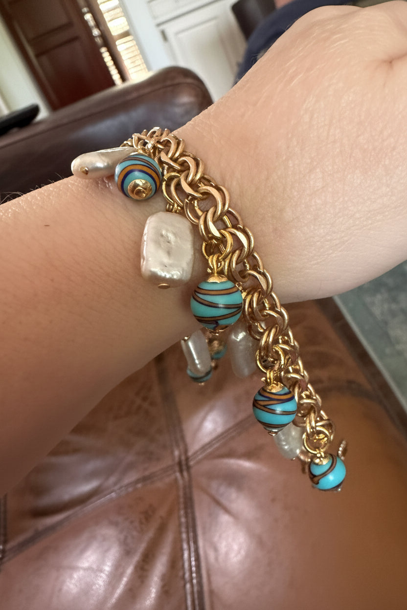 One of a kind 12k GF 1950’s Charm Bracelet Adorned With Rectangular White Freshwater Pearls & Ercole Moretti Aqua Ribbon Beads