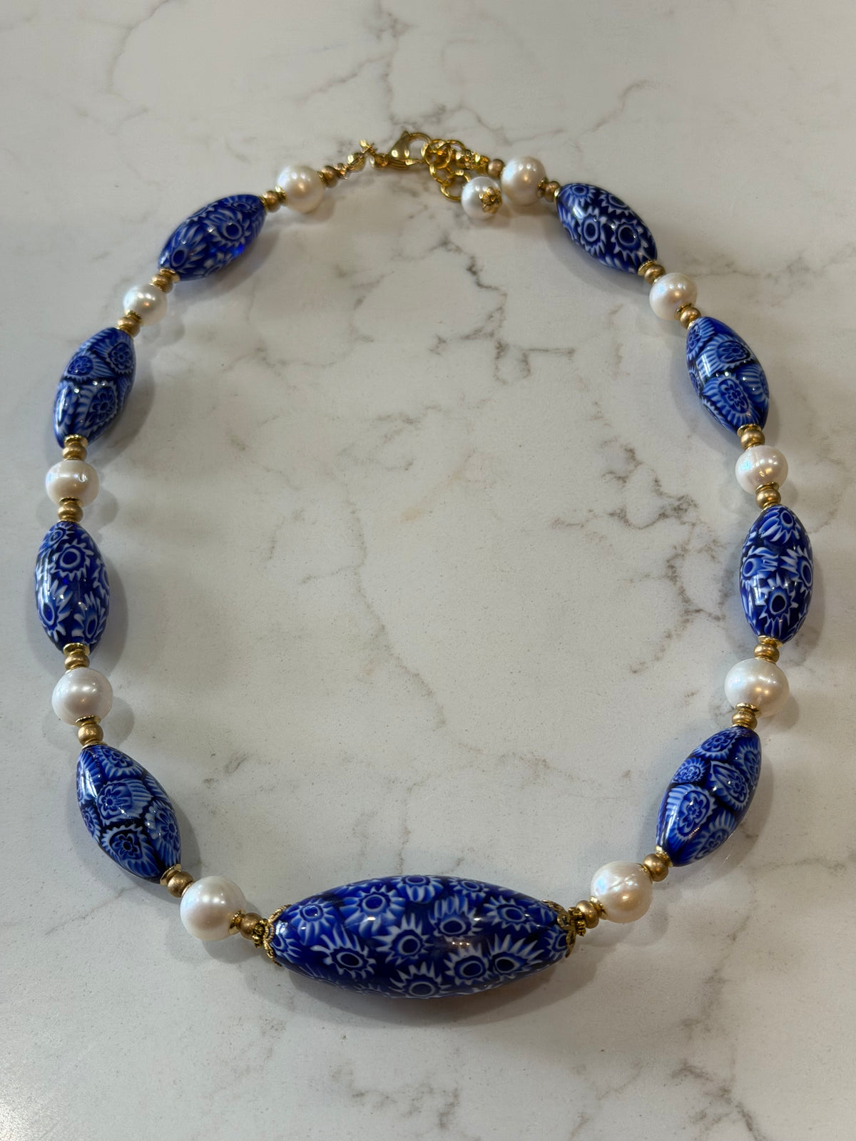 Rosario Leonardi Cobalt Blue Neckalce Featuring Handmade Murano Millefiori Torpedo Glass Beads