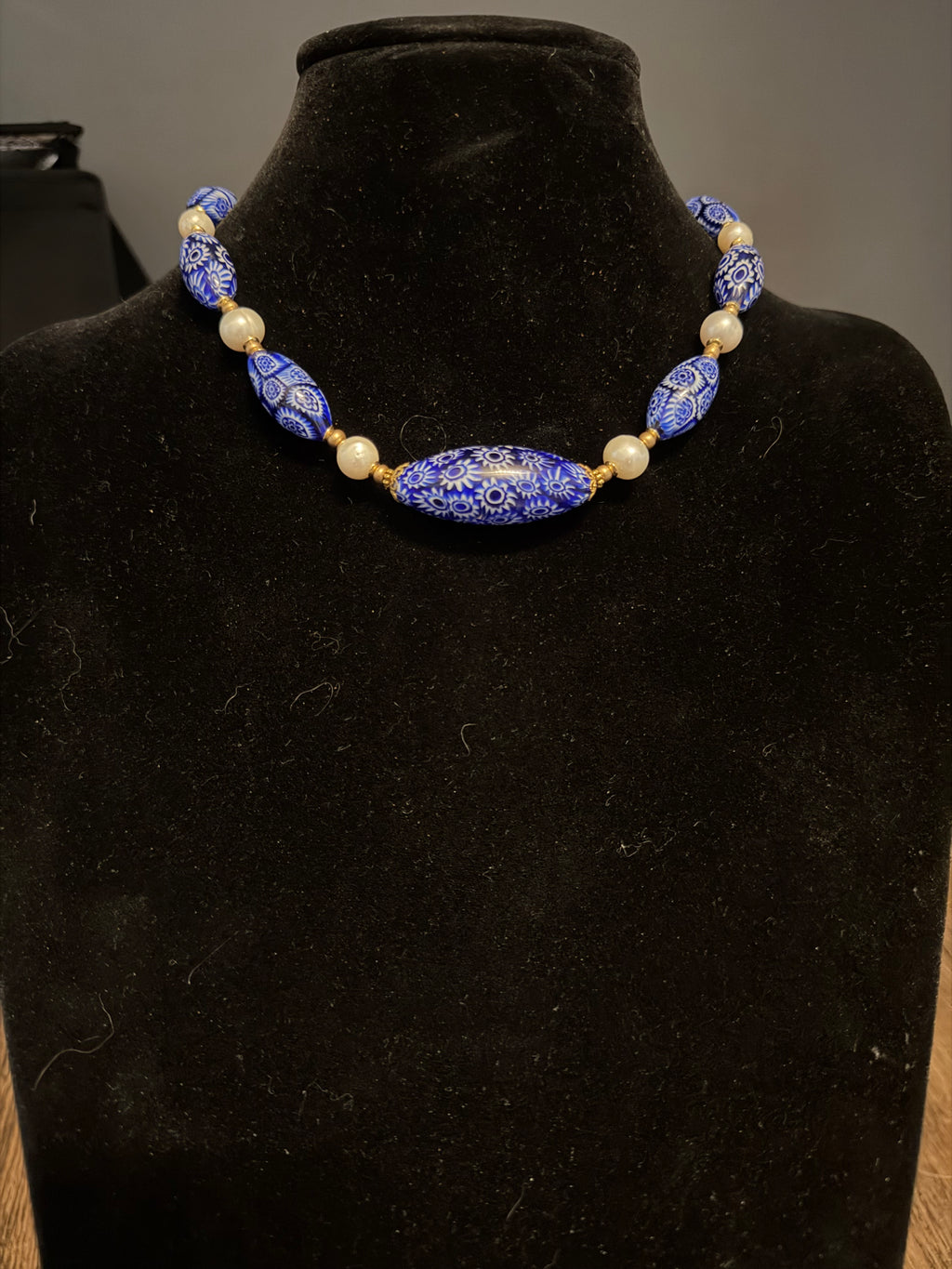 Rosario Leonardi Cobalt Blue Neckalce Featuring Handmade Murano Millefiori Torpedo Glass Beads