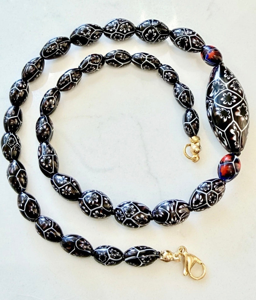 Rosario Leonardi Black & White 20” Featuring Ercole Moretti 1920’s Beads, Including an Extra Large Focal Bead