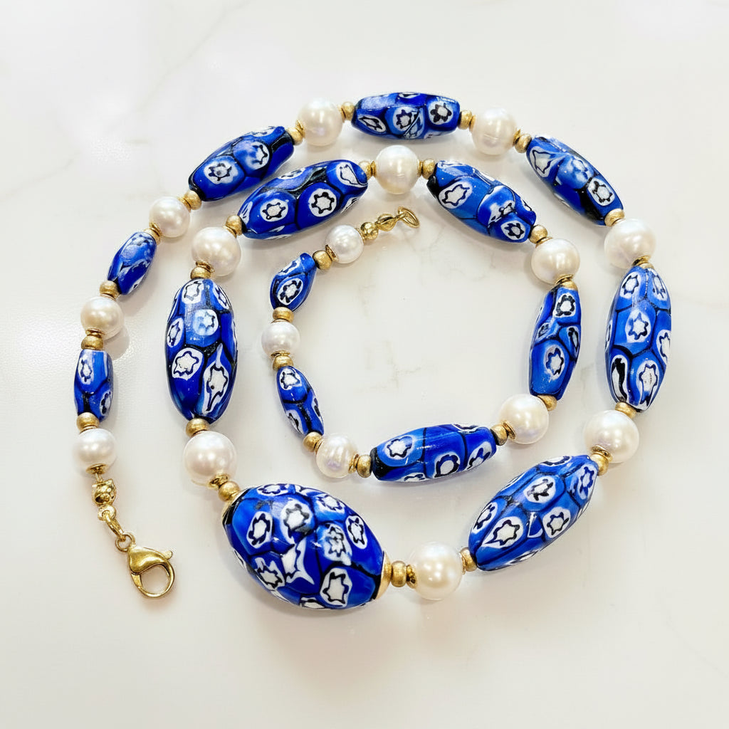 One Of A Kind 22”Blue & White Murano Glass Beads Paired with Fine White Freshwater Pears