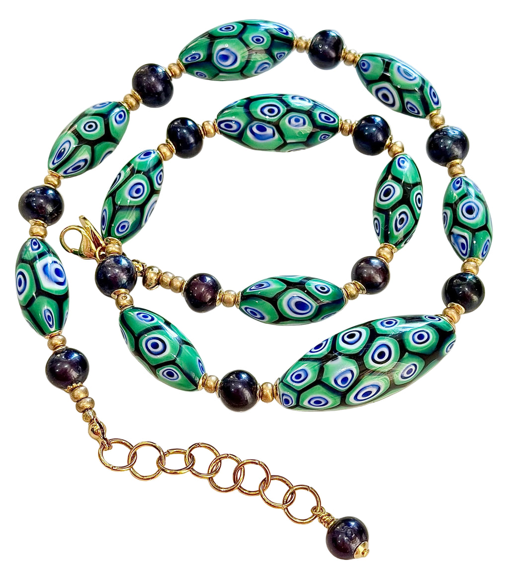 Rosario Leonardi Dramatic Green & Navy Themed 22” Necklace Featuring Black Freshwater Pearls