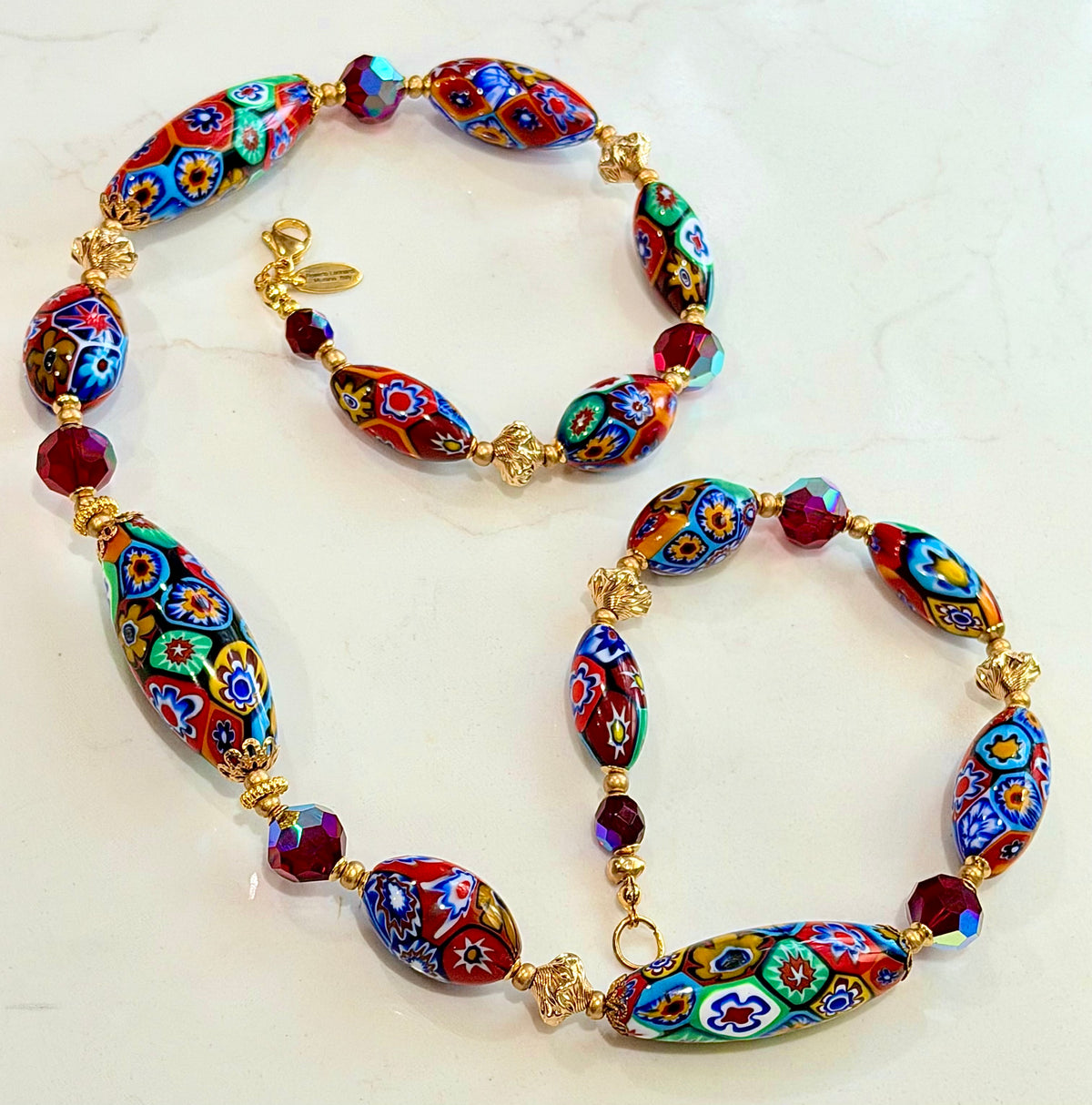 Rosario Leonardi Red Themed Necklace Featuring 12k GF Lantern Beads, Red A/B Vintage Swarovski Crystals & Exclusive Custom Beads Made just for our shop