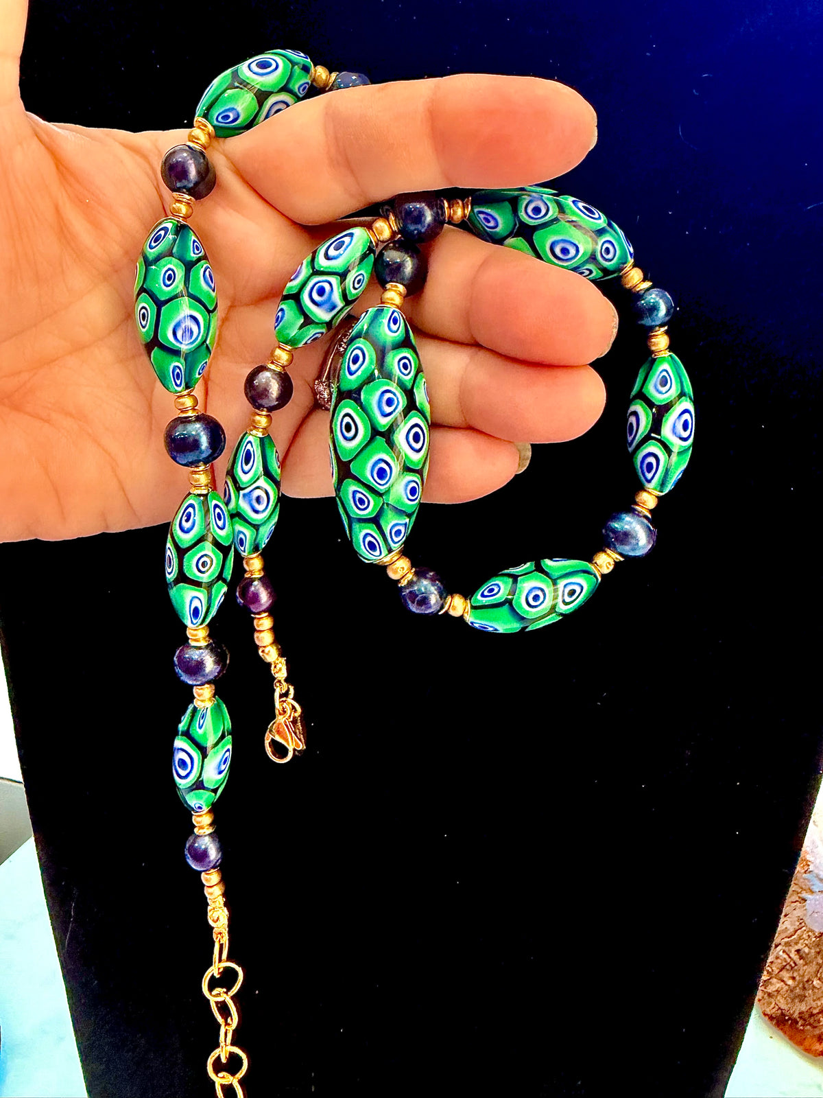 Rosario Leonardi Dramatic Green & Navy Themed 22” Necklace Featuring Black Freshwater Pearls