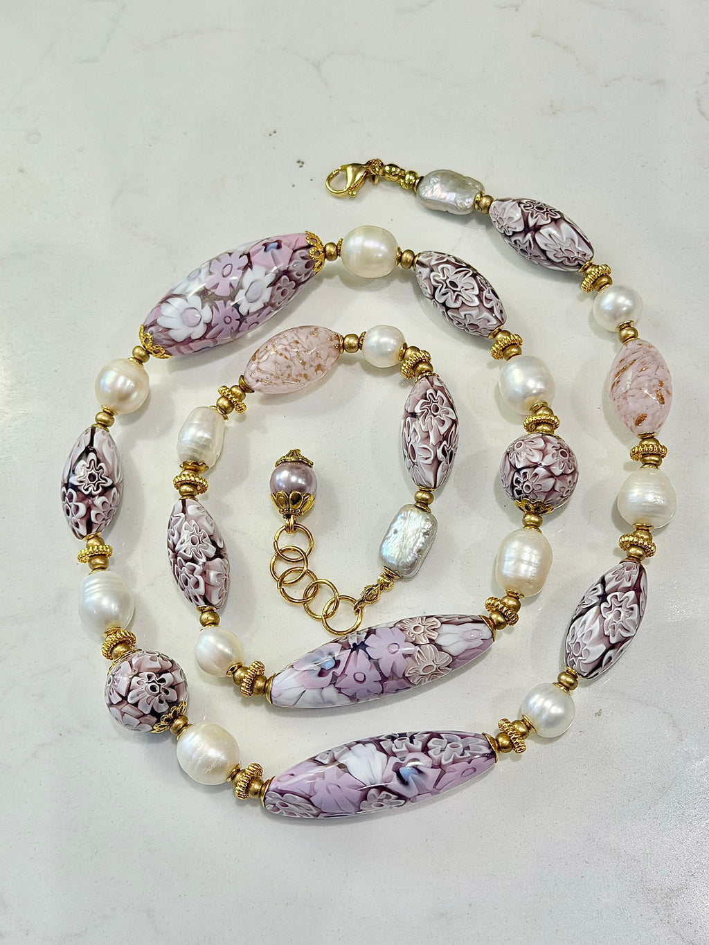 26”Rosario Leonardi Pale Pink Neckalce Featuring Exclusive Murano Millefiori Glass Beads