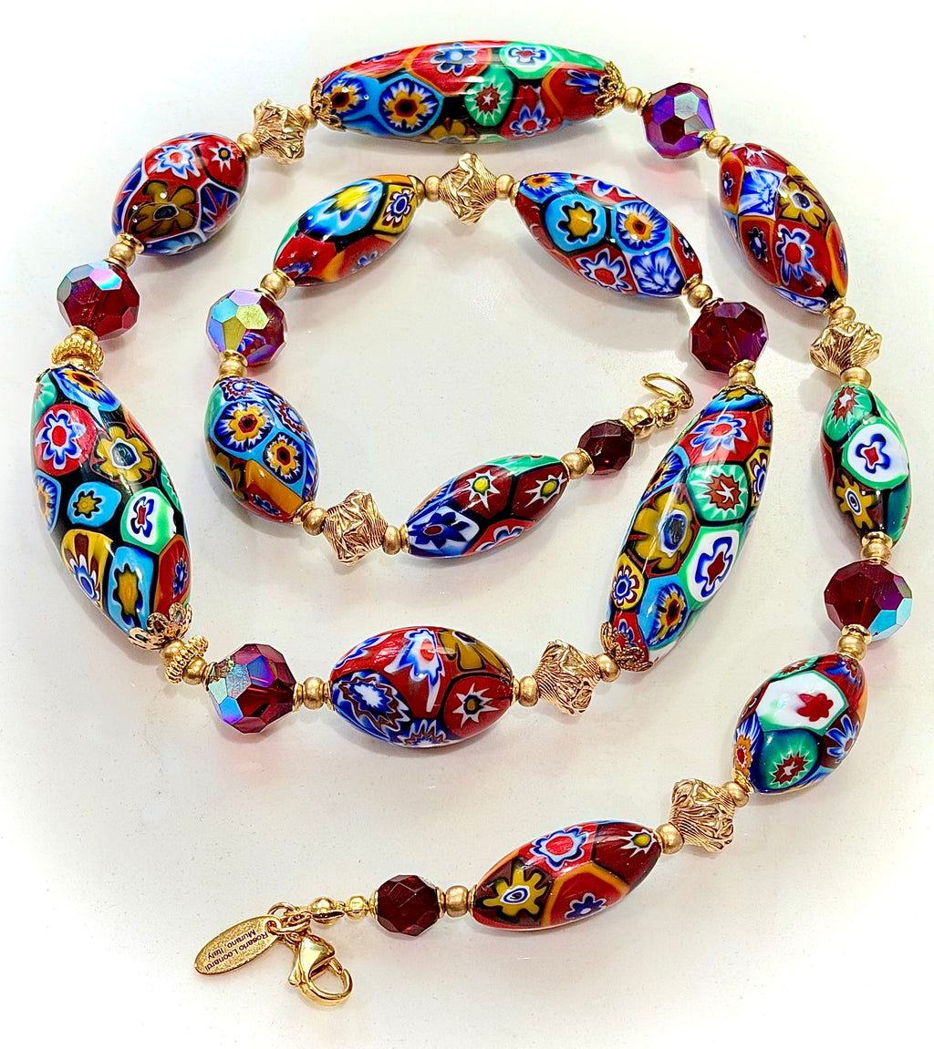 Rosario Leonardi Red Themed Necklace Featuring 12k GF Lantern Beads, Red A/B Vintage Swarovski Crystals & Exclusive Custom Beads Made just for our shop