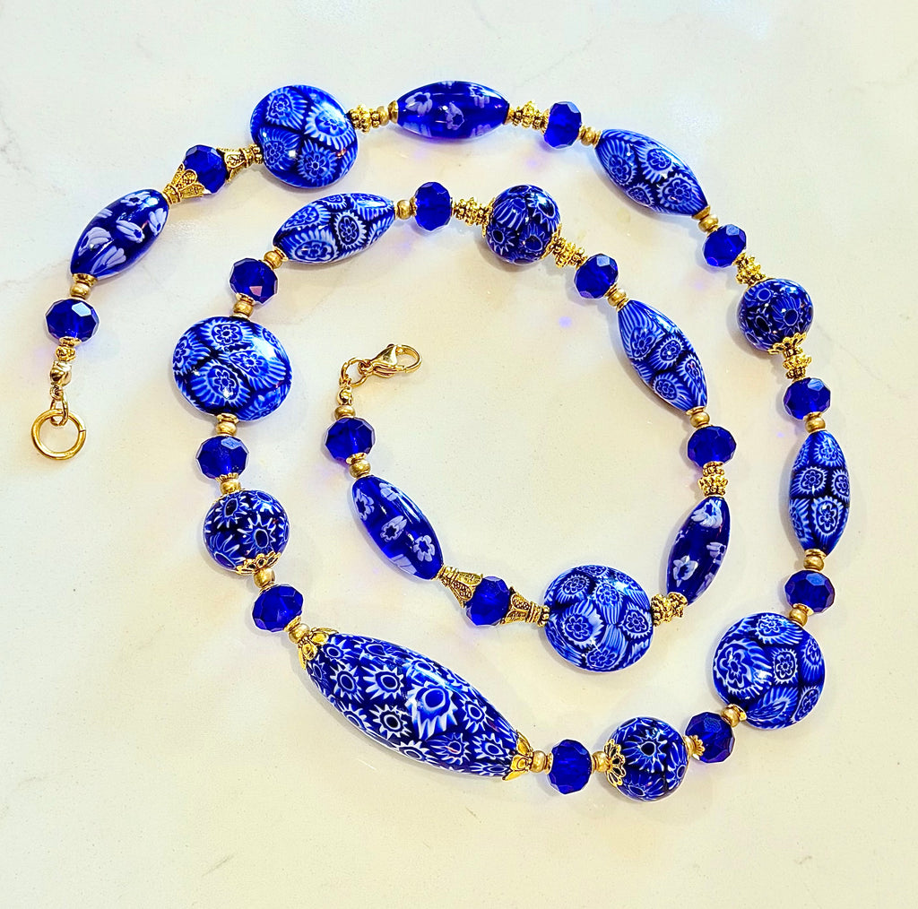 Rosario Leonardi Exclusive Ercole Moretti Cobalt Blue/ White Murano Millefiori Beaded Necklace-Choose your lenght
