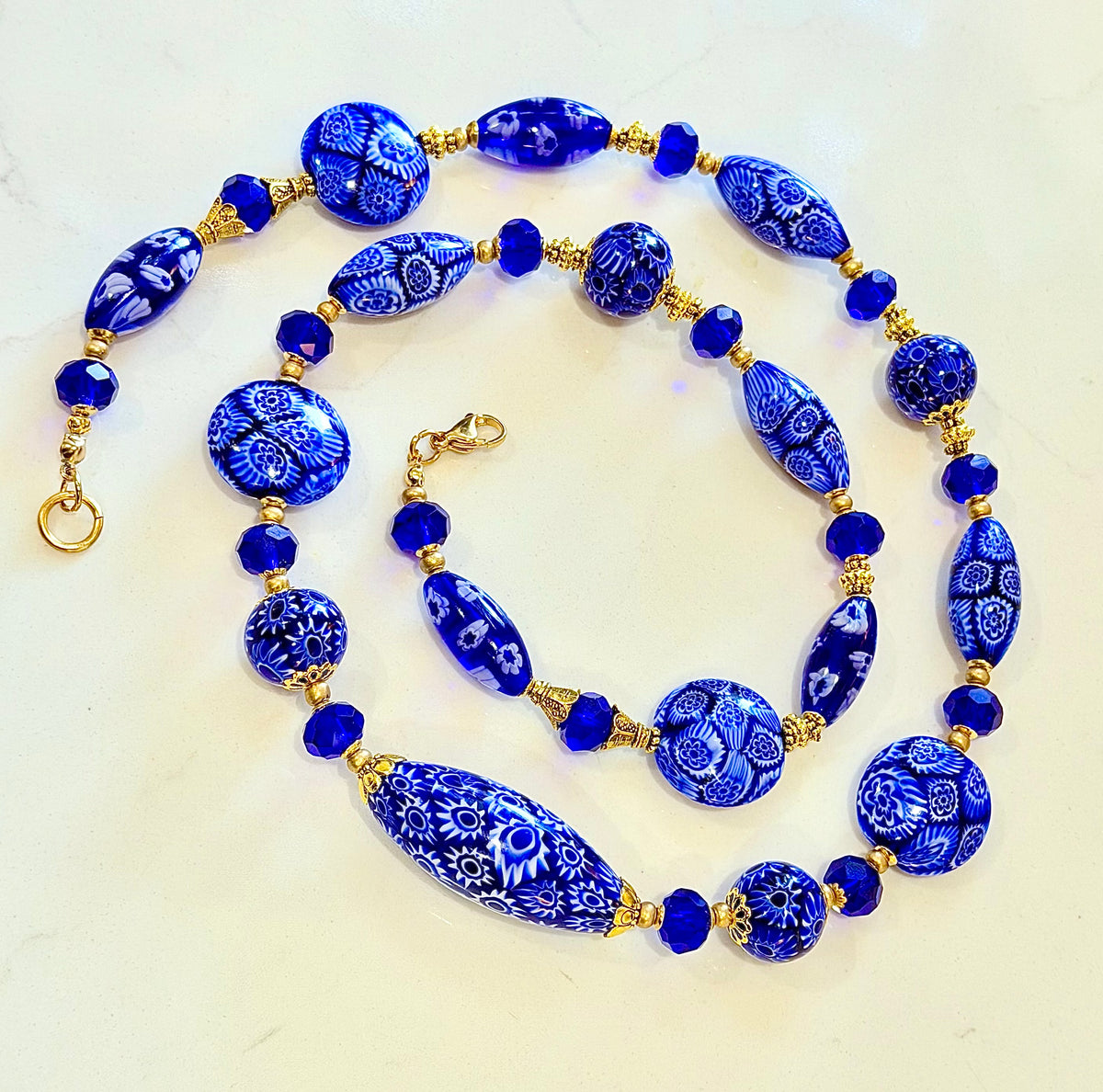 Rosario Leonardi Exclusive Ercole Moretti Cobalt Blue/ White Murano Millefiori Beaded Necklace-Choose your lenght