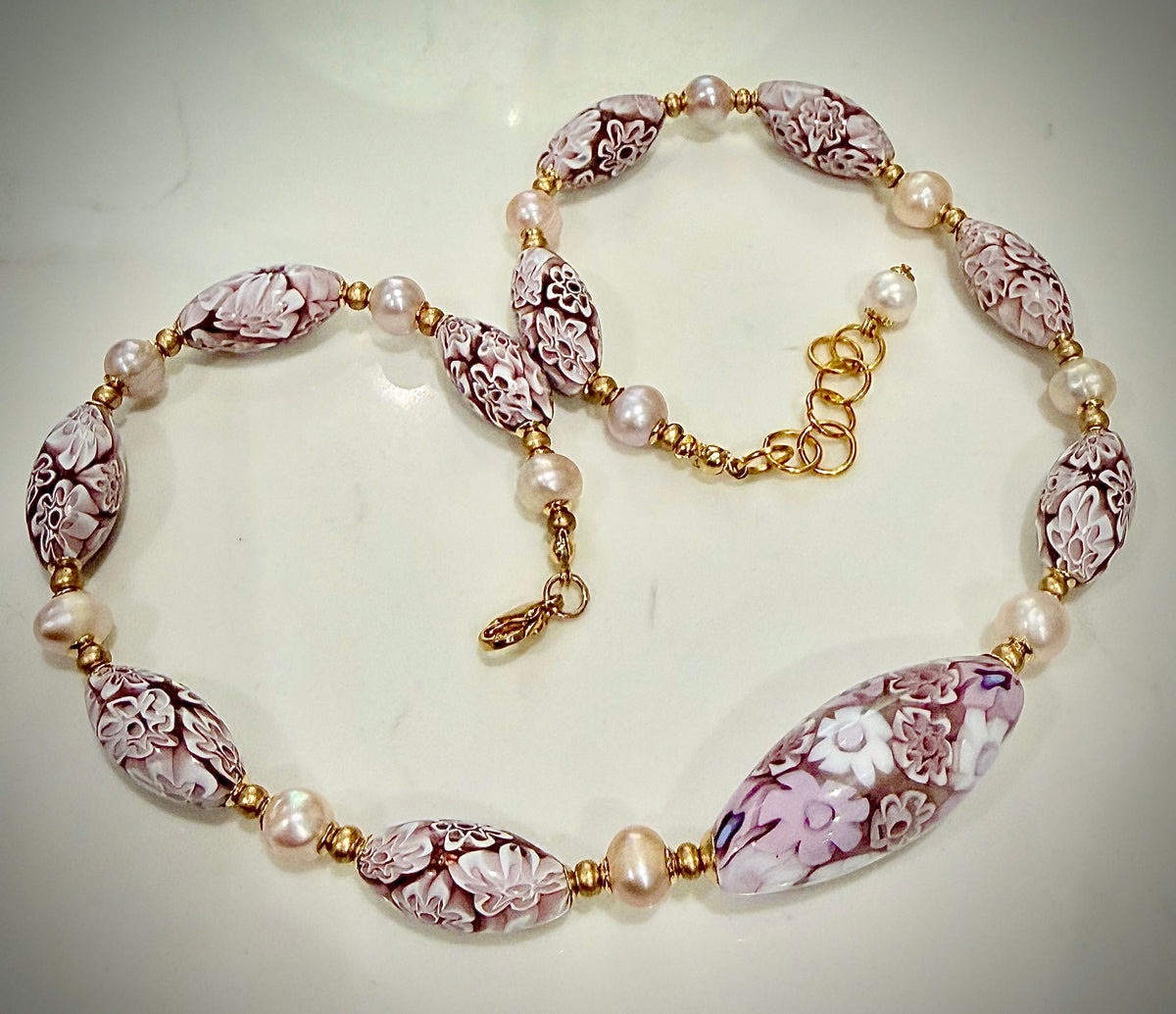 Rosario Leonardi Pale Pink Neckalce Featuring Exclusive Murano Millefiori Glass Beads