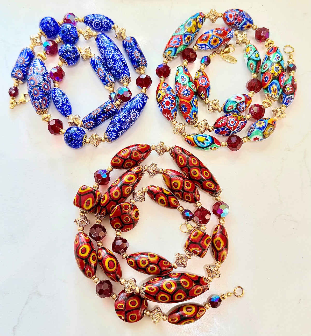 Rosario Leonardi Red Themed Necklace Featuring 12k GF Lantern Beads, Red A/B Vintage Swarovski Crystals & Exclusive Custom Beads Made just for our shop