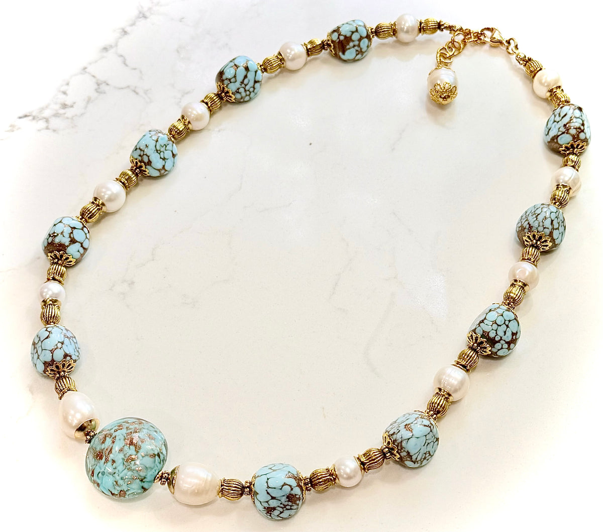 Rosario Leonardi Vintage Faux Turquoise Aventurine, Large Murano  Sommerso Focal Bead & White Freshwater Pearl Necklace