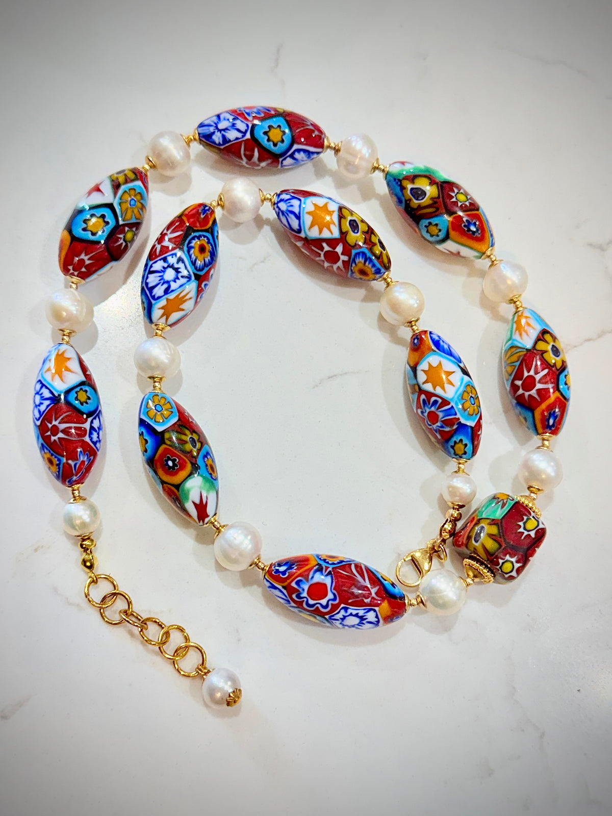 Rosario Leonardi Freshwater White Pearl & Moretti Red Mixed Beaded Necklace