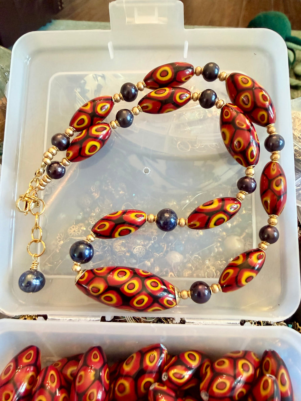 Rosario Leonardi Dramatic Red & Black Themed 22” Necklace Featuring 11mm Black Freshwater Pearls