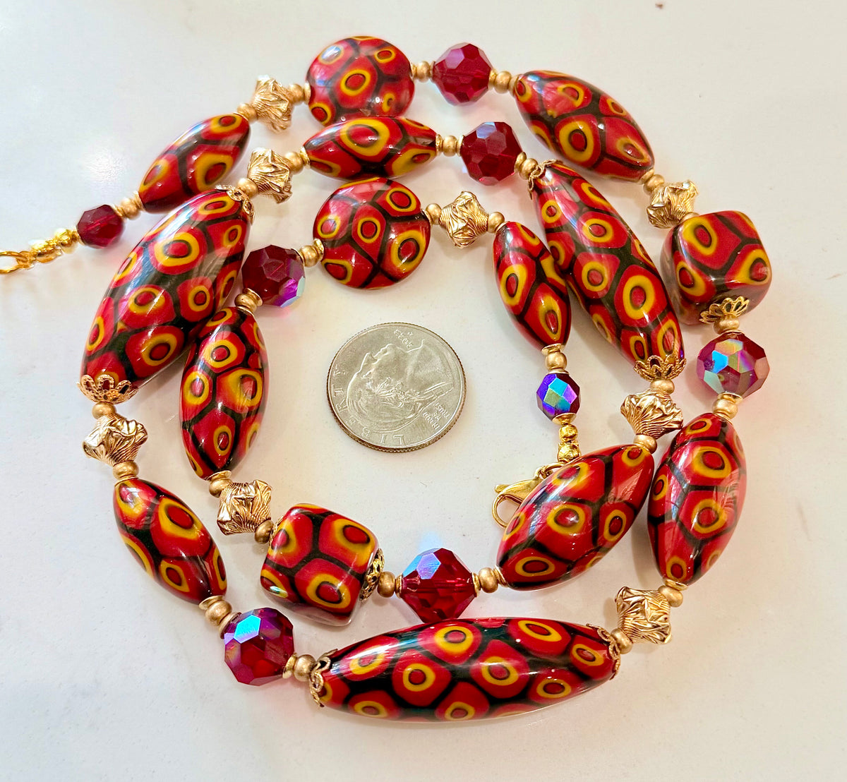 Rosario Leonardi Red & Orange Themed Necklace Featuring 12k GF Lantern Beads, Red A/B Vintage Swarovski Crystals & Exclusive Custom Beads