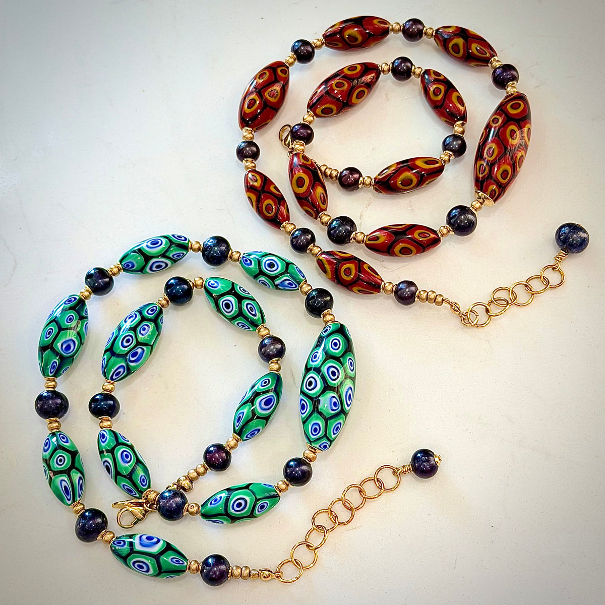 Rosario Leonardi Dramatic Green & Navy Themed 22” Necklace Featuring Black Freshwater Pearls