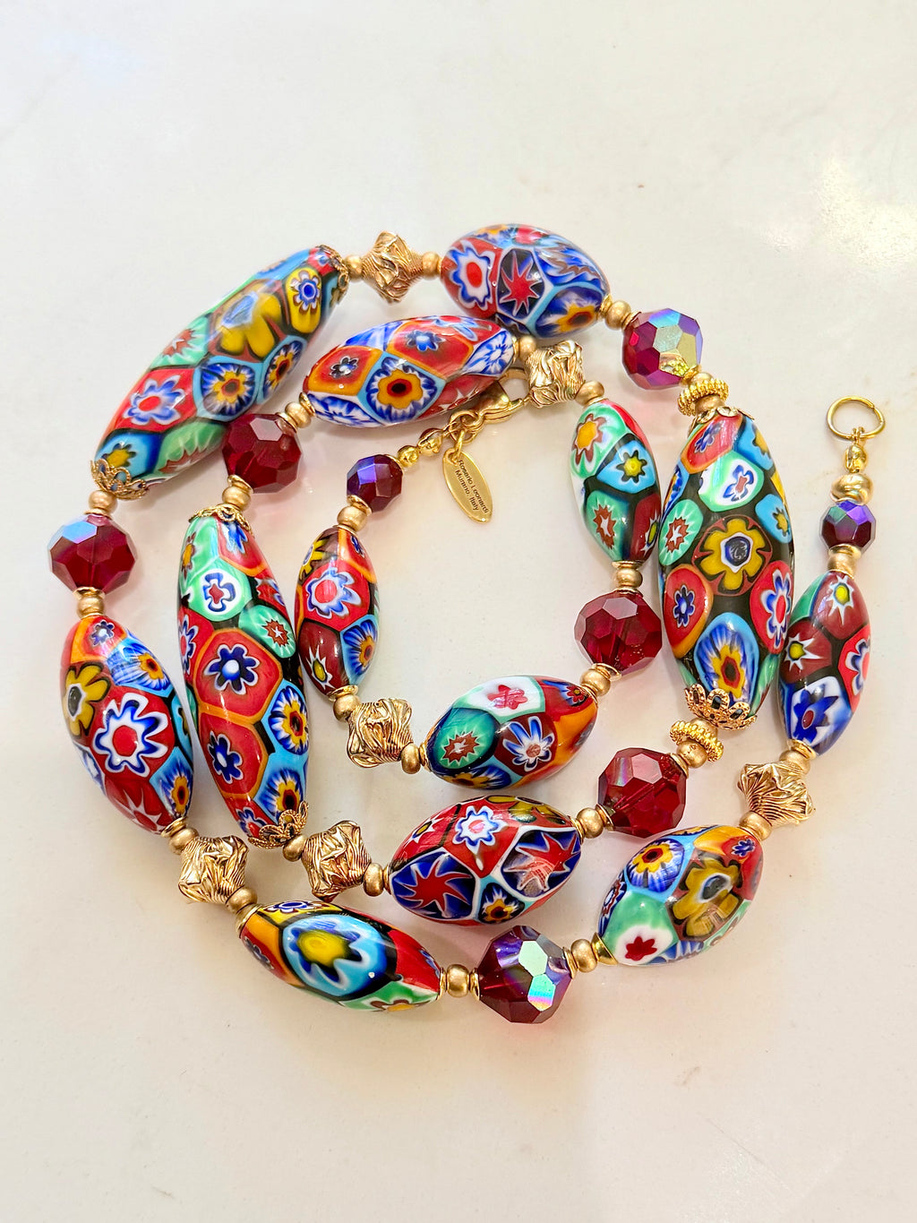 Rosario Leonardi Red Themed Necklace Featuring 12k GF Lantern Beads, Red A/B Vintage Swarovski Crystals & Exclusive Custom Beads Made just for our shop