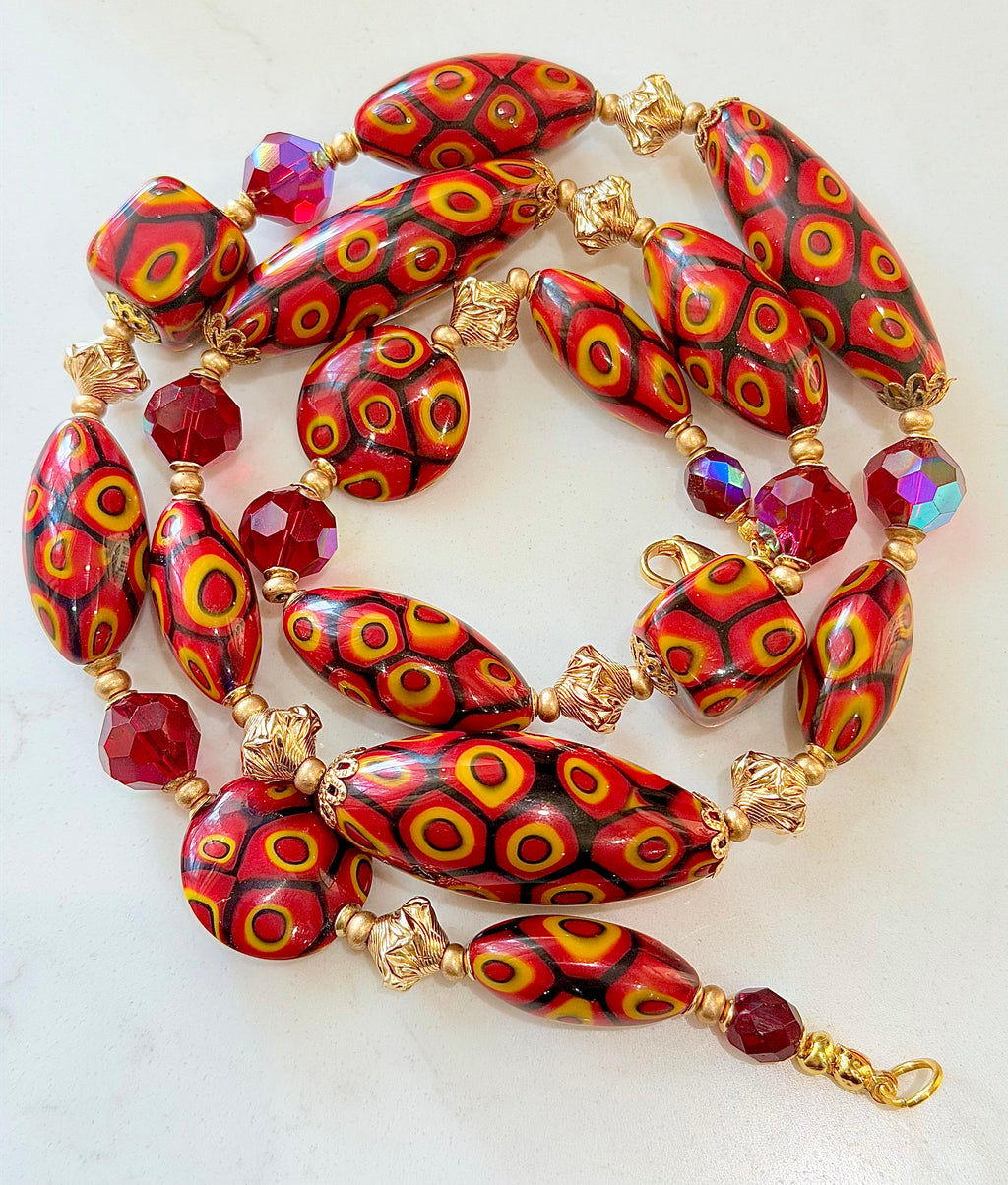 Rosario Leonardi Red & Orange Themed Necklace Featuring 12k GF Lantern Beads, Red A/B Vintage Swarovski Crystals & Exclusive Custom Beads