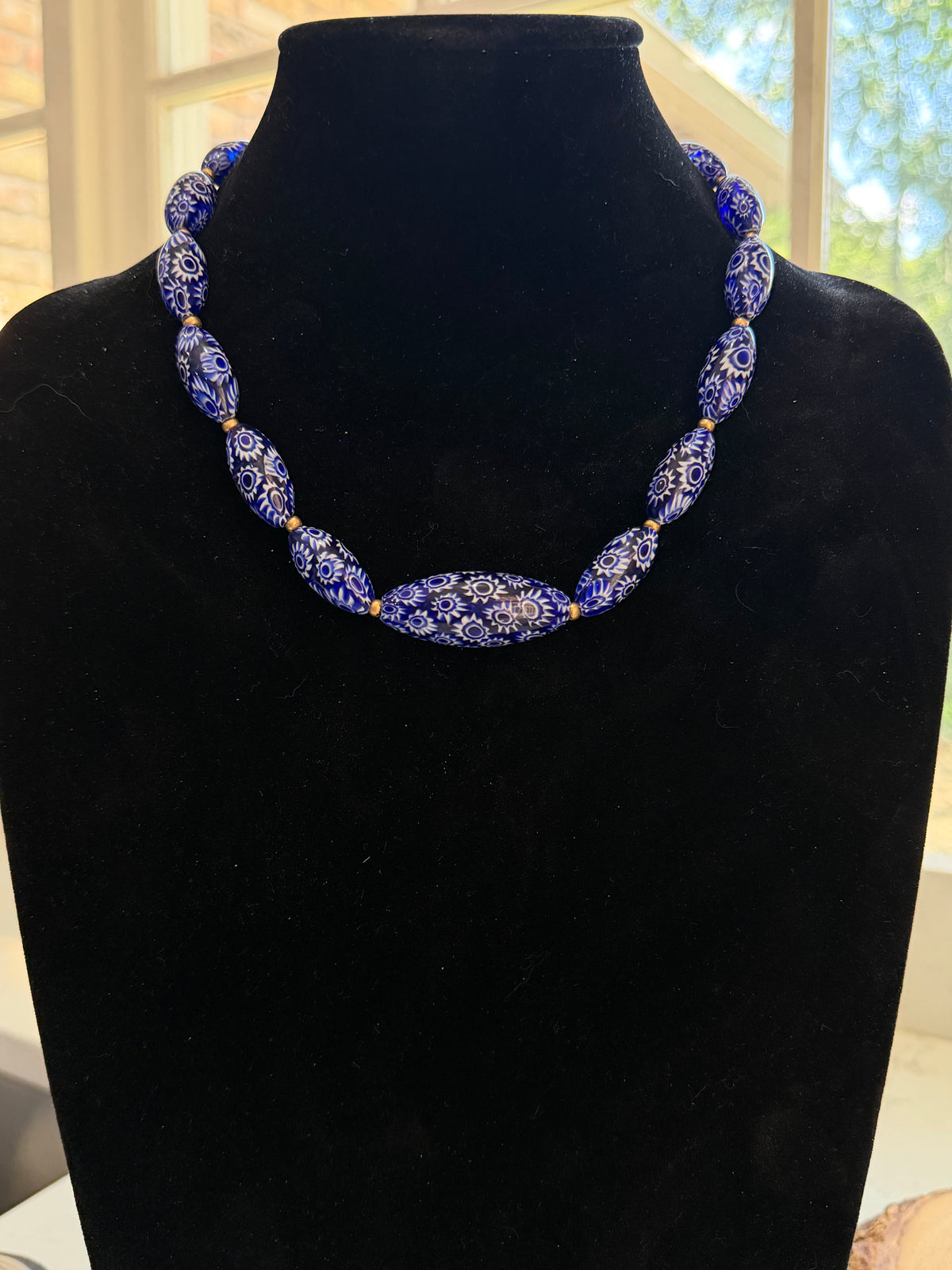 Rosario Leonardi Cobalt Blue Neckalce Featuring Handmade Murano Millefiori Torpedo Glass Beads