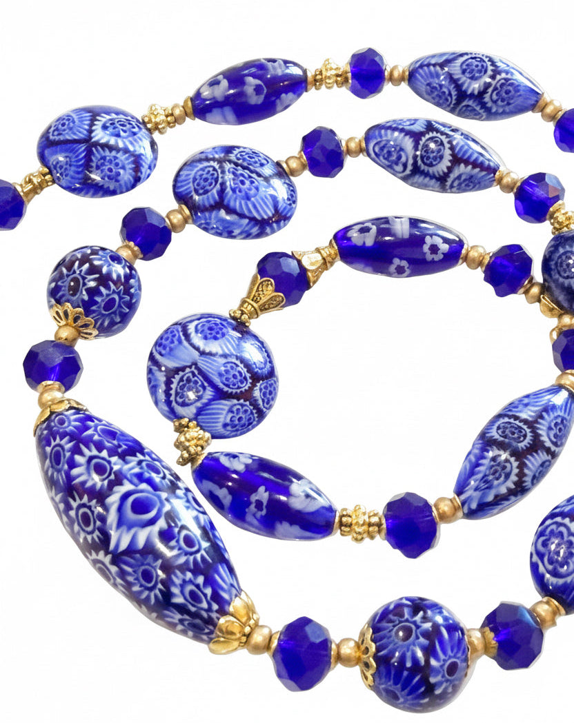 Rosario Leonardi Exclusive Ercole Moretti Cobalt Blue/ White Murano Millefiori Beaded Necklace-Choose your lenght