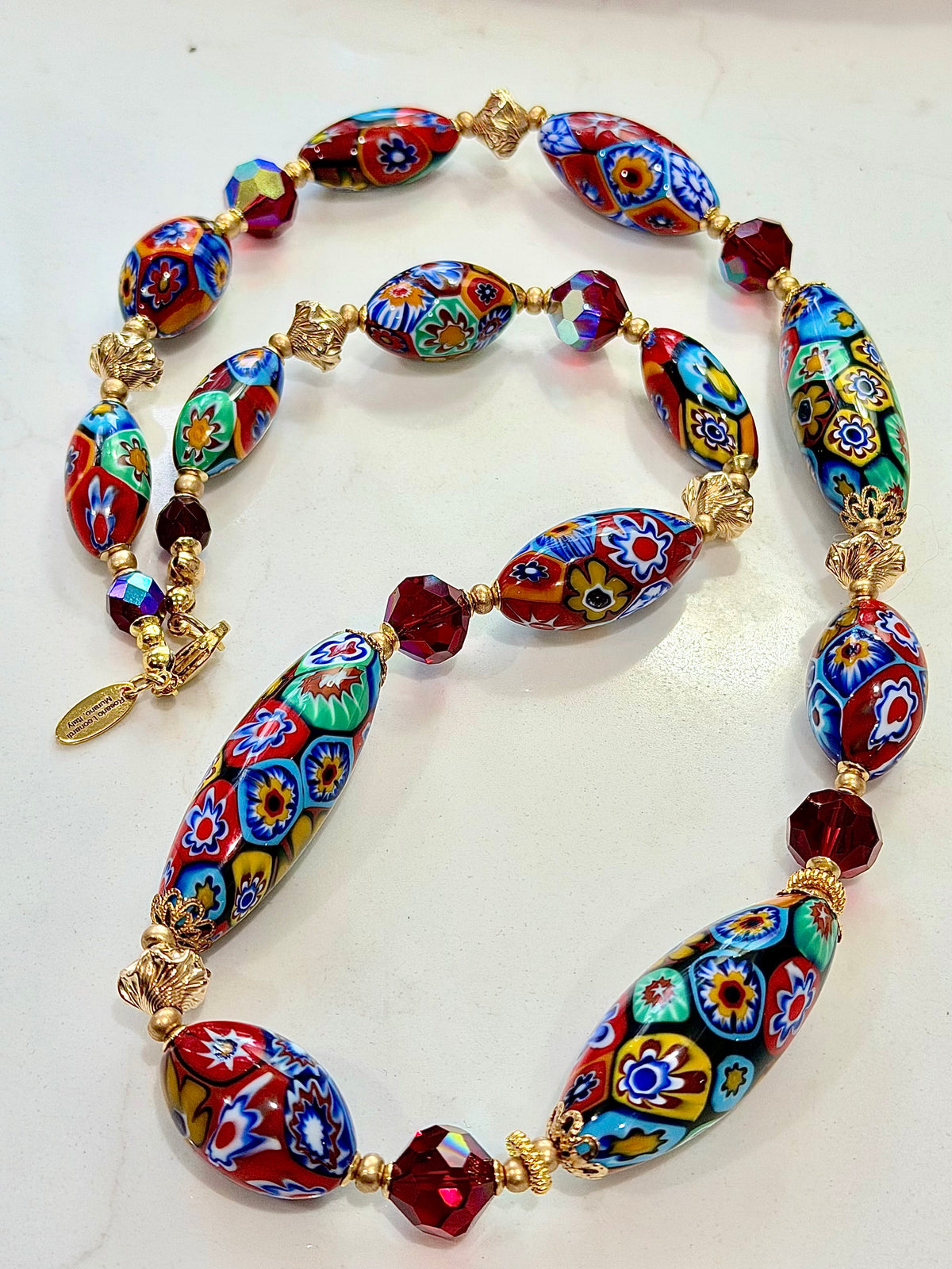 Rosario Leonardi Red Themed Necklace Featuring 12k GF Lantern Beads, Red A/B Vintage Swarovski Crystals & Exclusive Custom Beads Made just for our shop