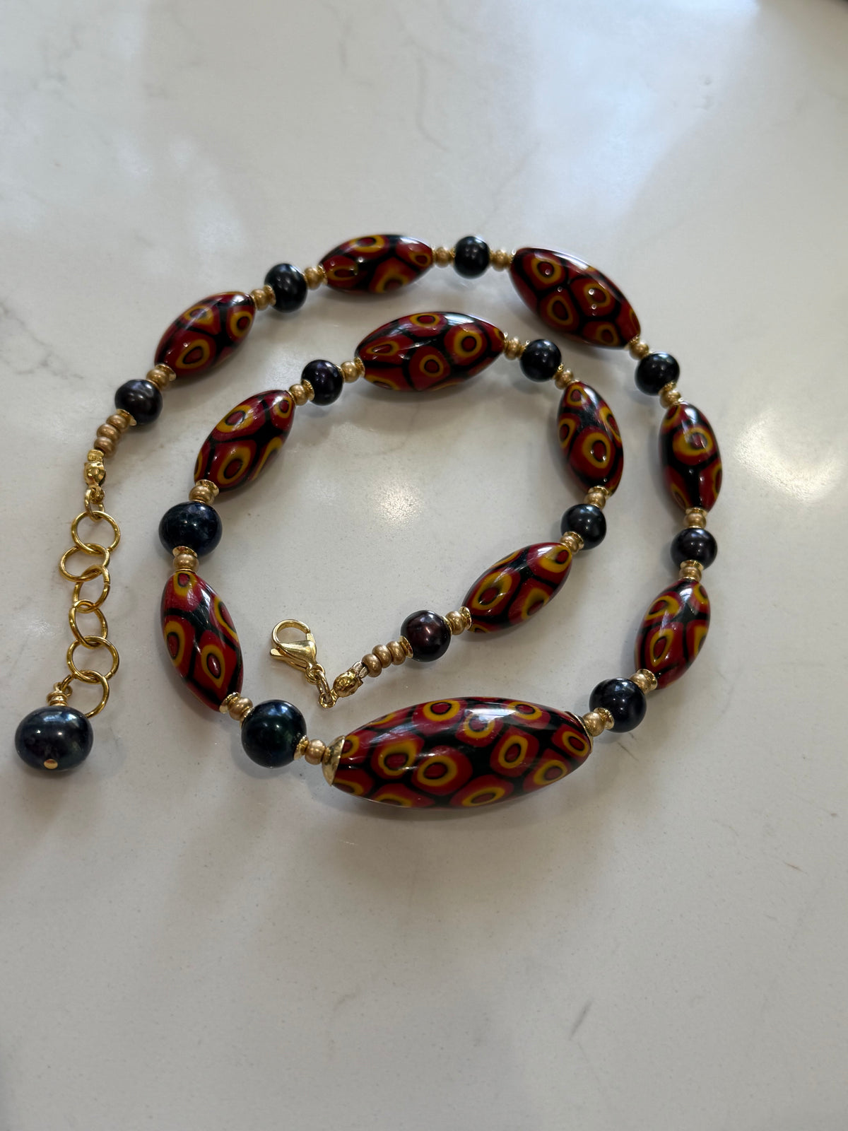 Rosario Leonardi Dramatic Red & Black Themed 22” Necklace Featuring 11mm Black Freshwater Pearls