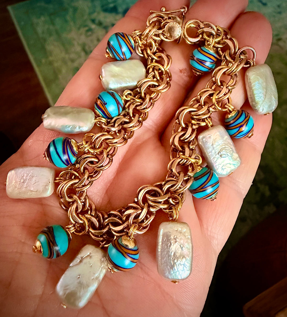 One of a kind 12k GF 1950’s Charm Bracelet Adorned With Rectangular White Freshwater Pearls & Ercole Moretti Aqua Ribbon Beads