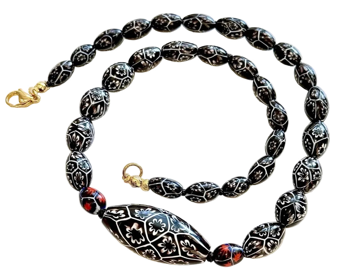 Rosario Leonardi Black & White 20” Featuring Ercole Moretti 1920’s Beads, Including an Extra Large Focal Bead