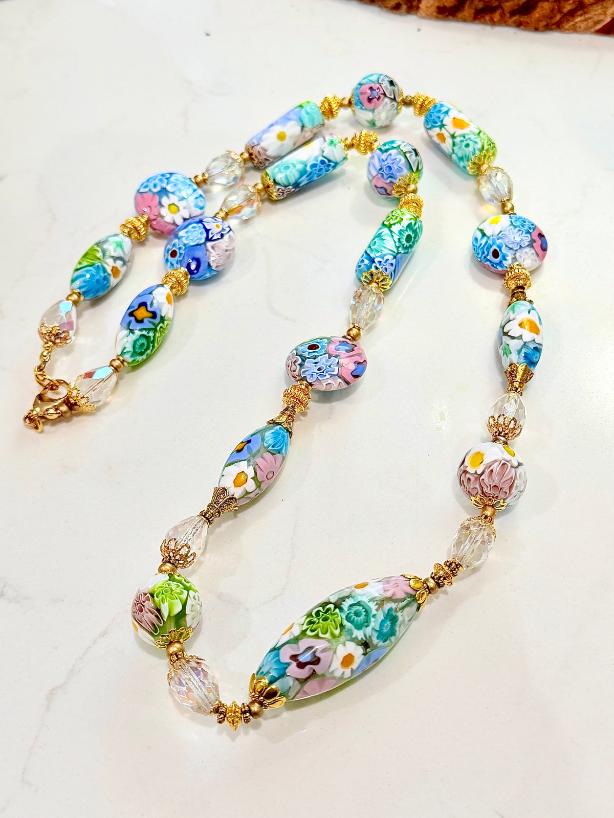 Pastel Lace Matched Millefiori Murano Glass Necklace Featuring Moretti Beads
