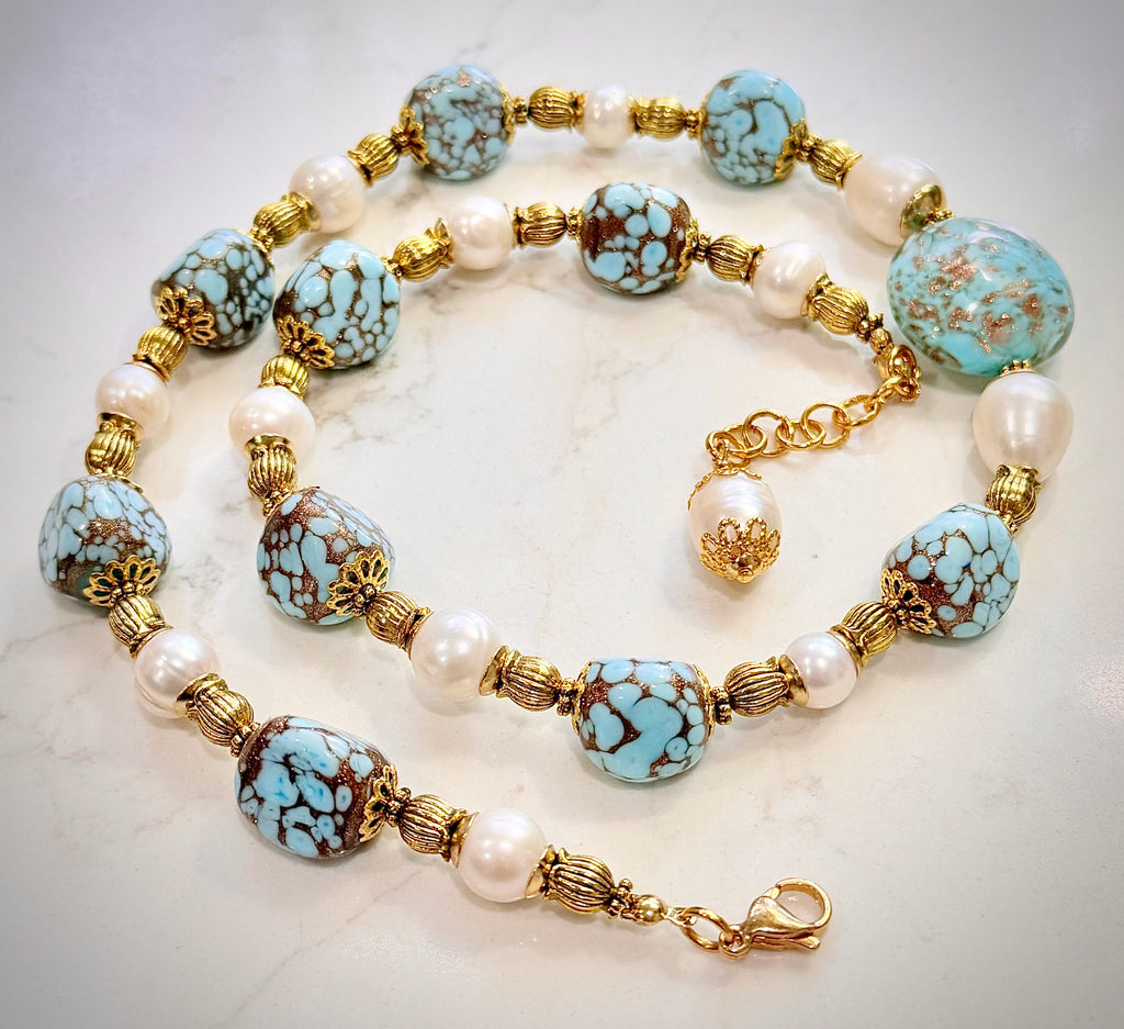 Rosario Leonardi Vintage Faux Turquoise Aventurine, Large Murano  Sommerso Focal Bead & White Freshwater Pearl Necklace